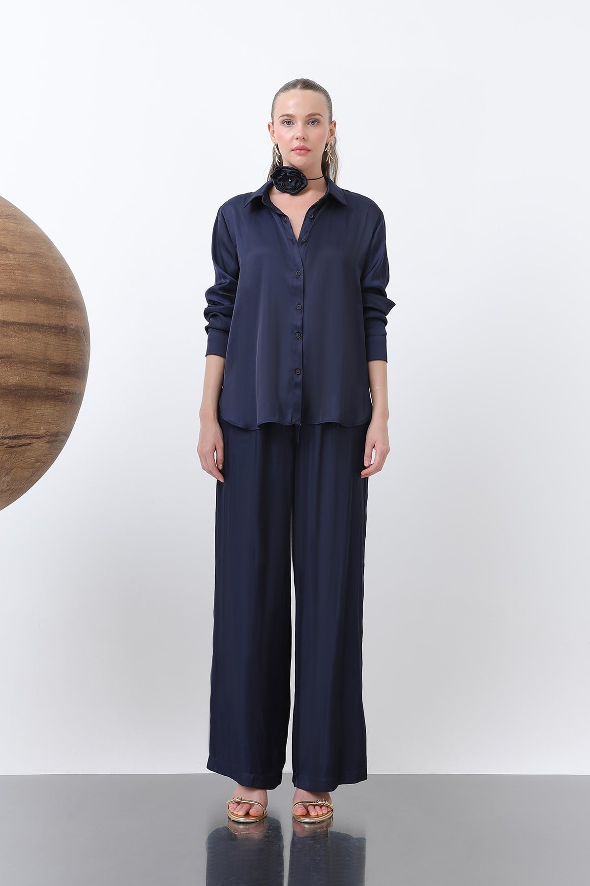 Kadın Saten Belden Bağlamalı Pantalon - 32259PNT - NAVY