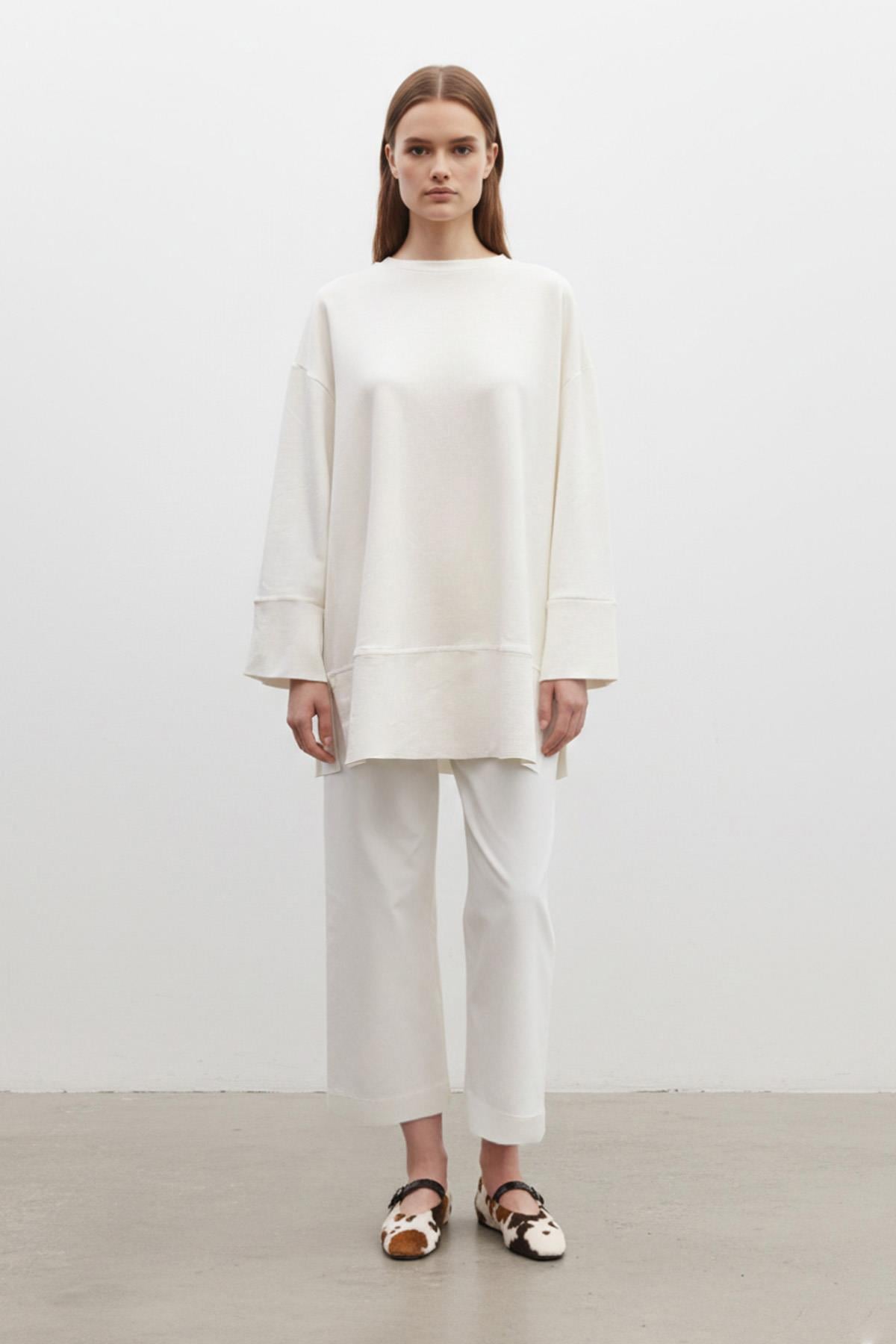 Kadın Bisiklet Yaka Düşük Omuz Örme Tunik -20735TUN - ECRU