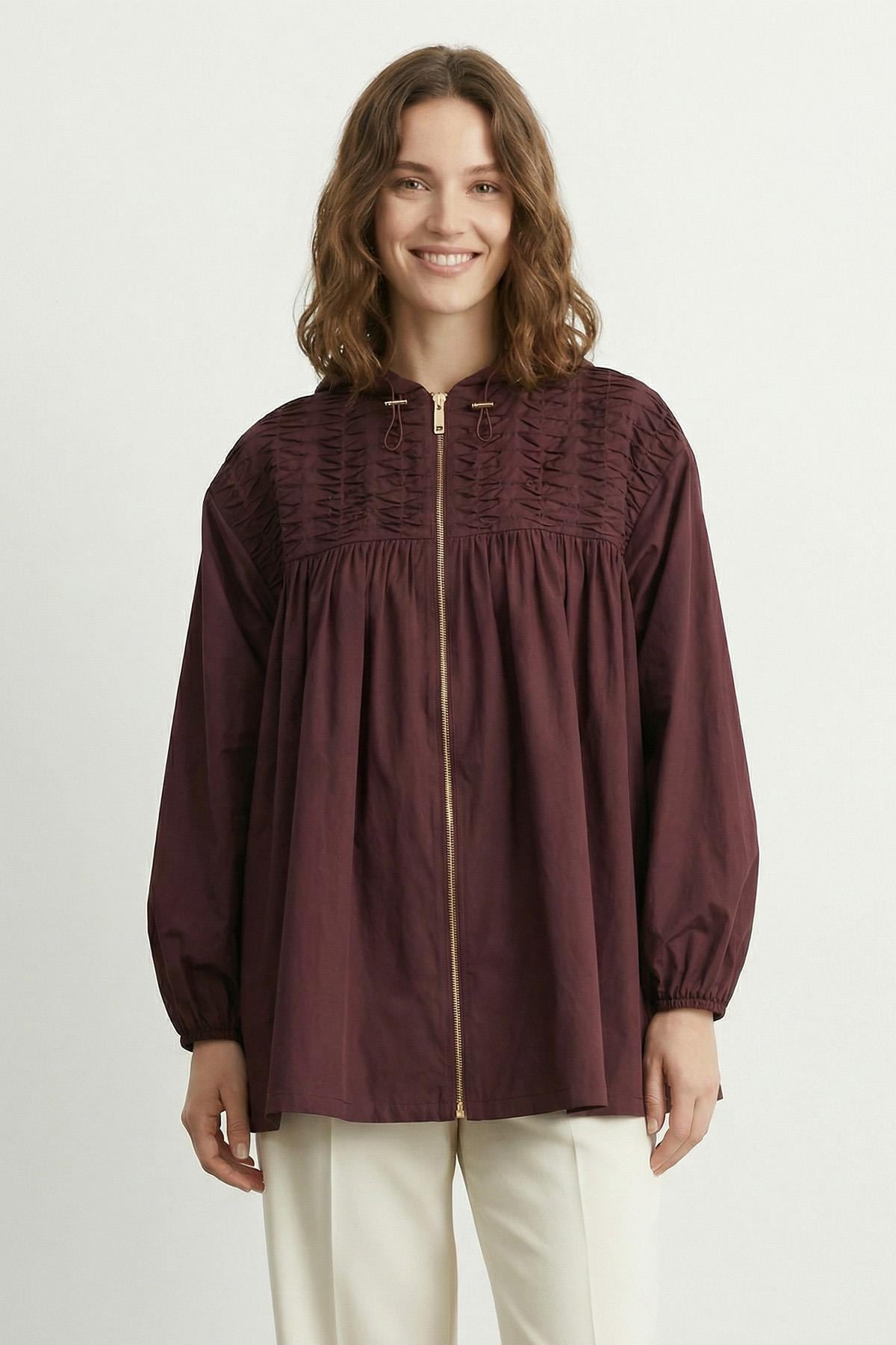 Kadın Kapüşonlu Ön Fermuarlı Mevsimlik Ceket – 32458CKT - BURGUNDY