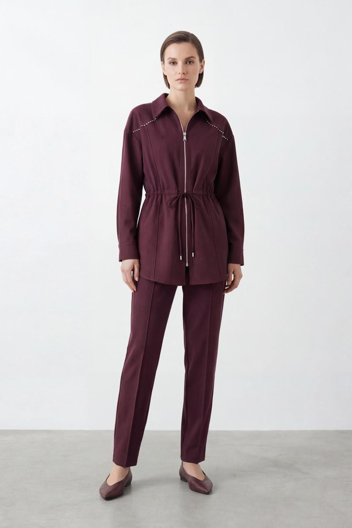 Kadın Fermuarlı Yaka Belden Bağcıklı İkili Takım - 14431 - BURGUNDY