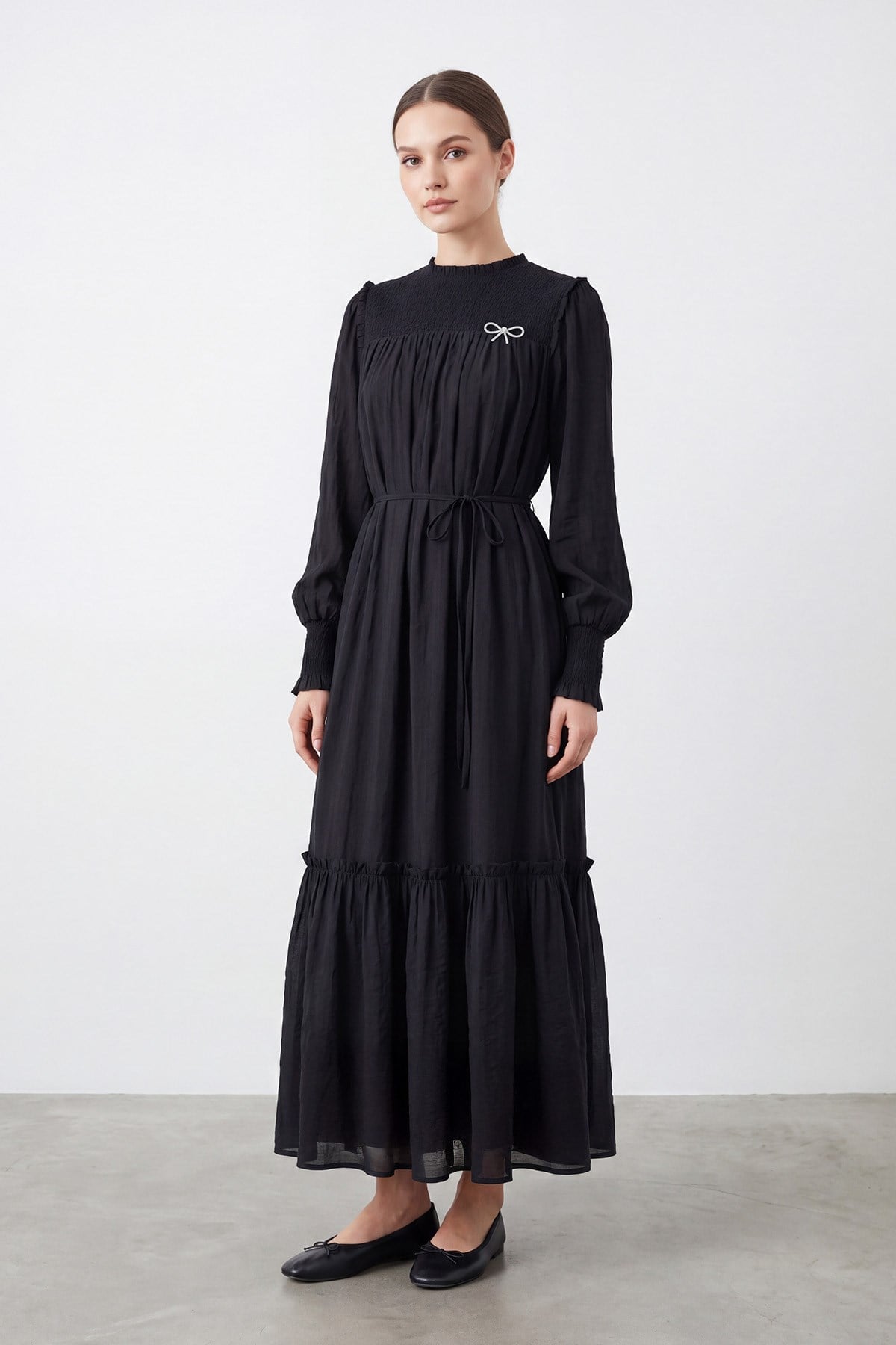 Kadın Gipeli Yaka  Kuşaklı Uzun Elbise -12691ELB - BLACK