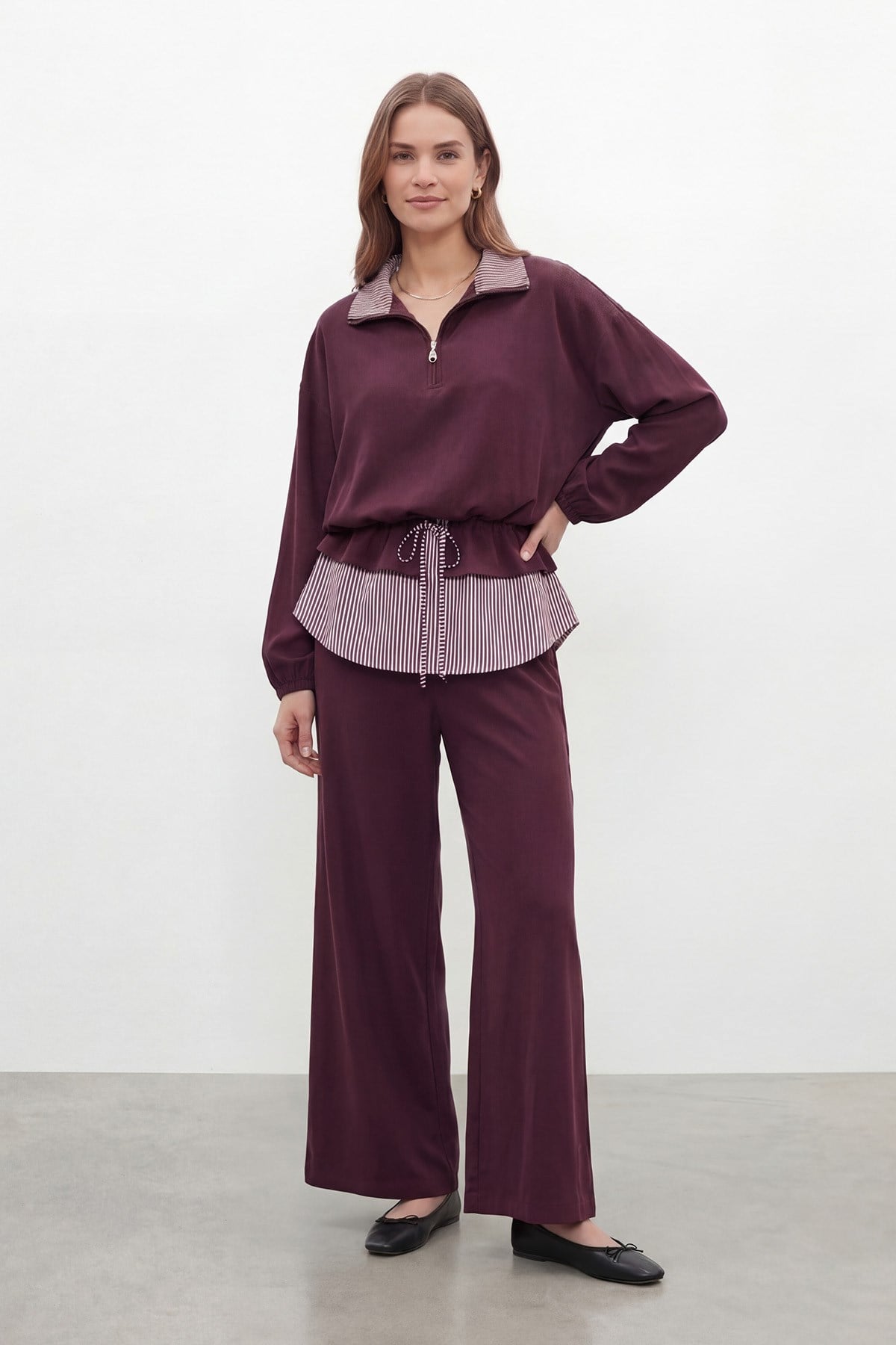 Kadın Düz Desenli Dokuma Tunik Pantolon Takım – 32462TKS - BURGUNDY
