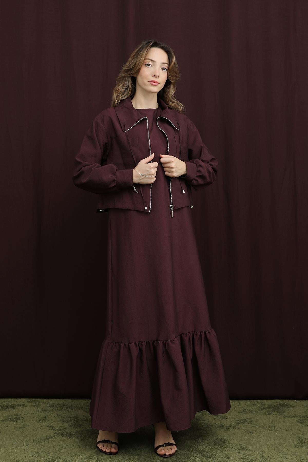 Kadın Crop Ceket Detaylı İkili Elbise - 12651TKS - BURGUNDY