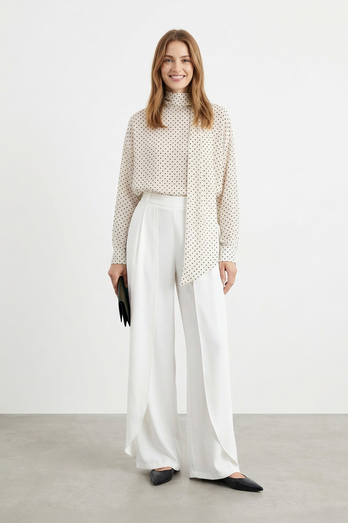 Kadın Pile Detaylı Palazzo Pantolon-32506PNT - ECRU