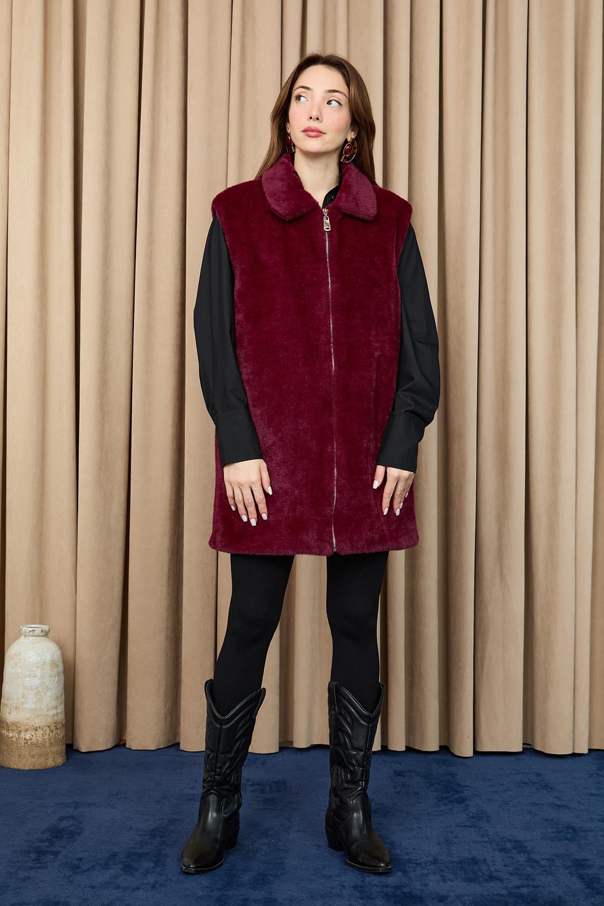 Kadın Fermuarlı Peluş Yelek- 15238YLK - DAMSON