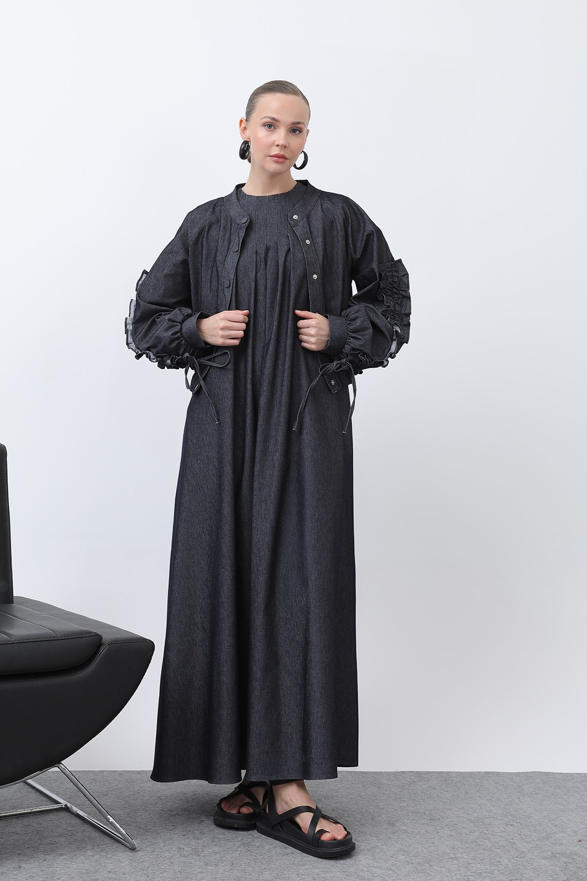 Kadın Kolları Volan Detaylı Ceket Elbise Takım -20654TKS - NAVY