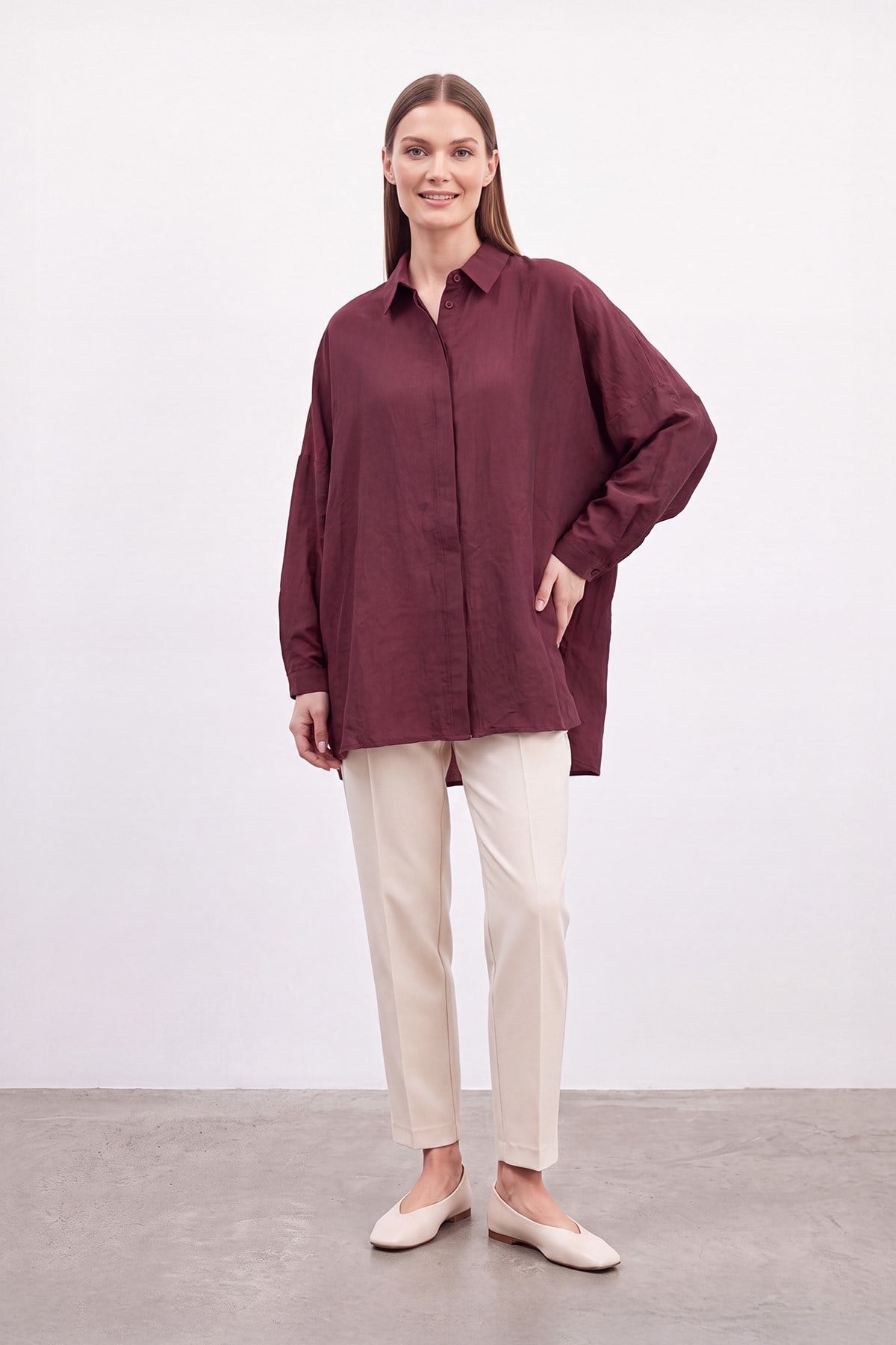 Basic Oversize Gömlek - Bordo Gömlek Puane 