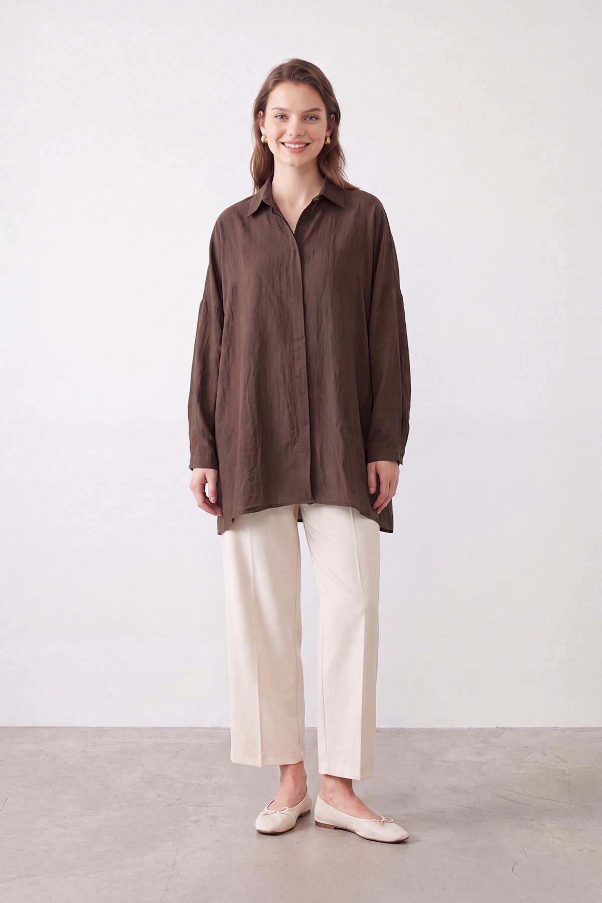 Basic Oversize Gömlek - Kahverengi Gömlek Puane 