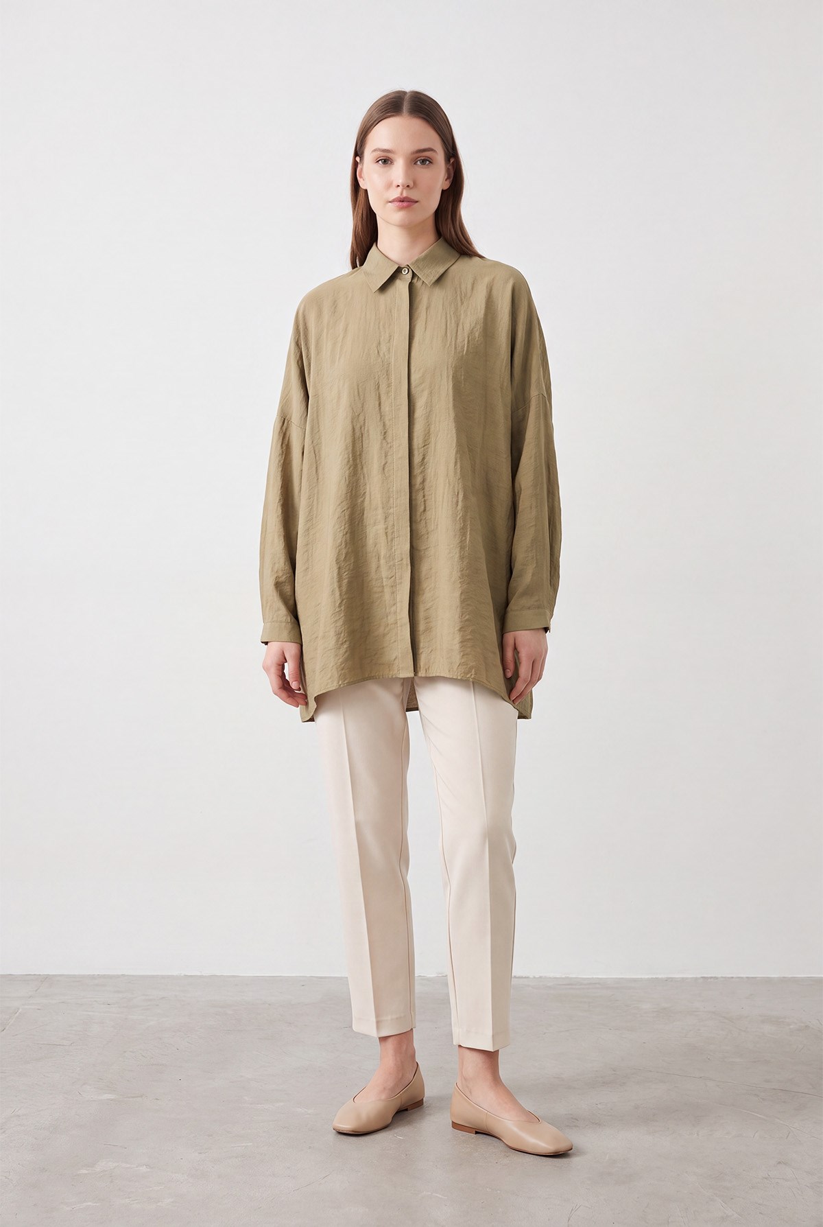 Basic Oversize Gömlek Zeytin Yeşili Gömlek Puane 
