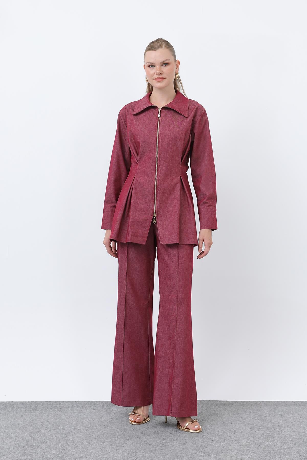 Kadın Gold Fermuar Detaylı Belden Pileli Gömlek Ve Pantolon Takım -20651TKS - BURGUNDY