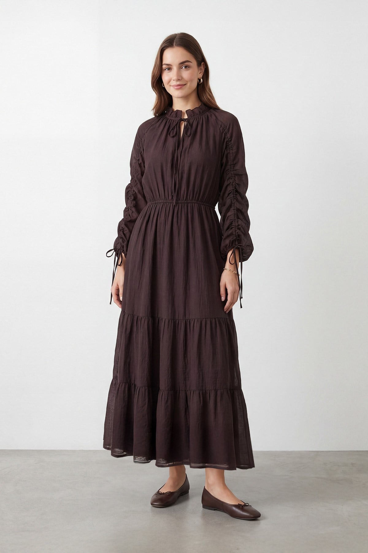 Kadın Büzgü Kol Detaylı  Uzun Elbise – 32464ELB - BROWN