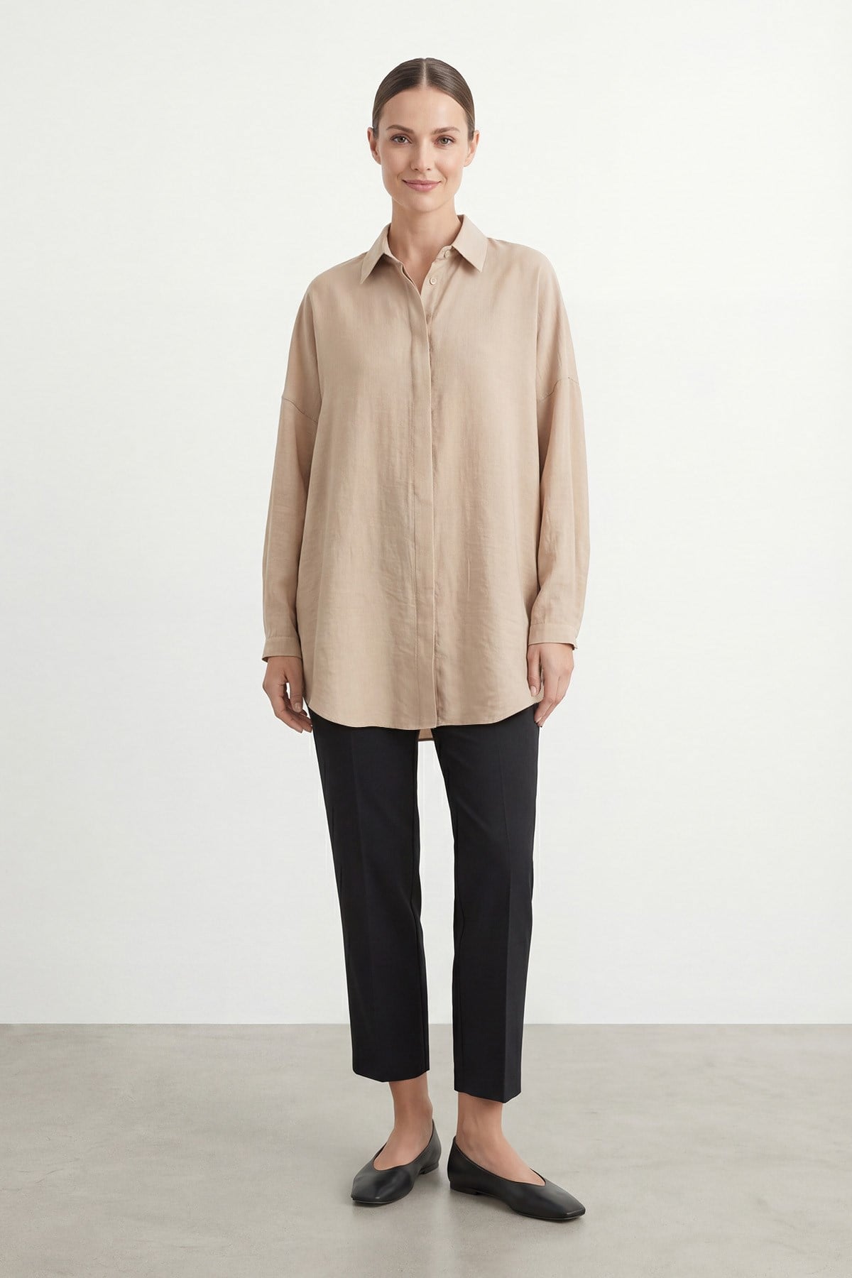 Kadın Rahat Kesim Uzun Gömlek – 10778GML - BEIGE