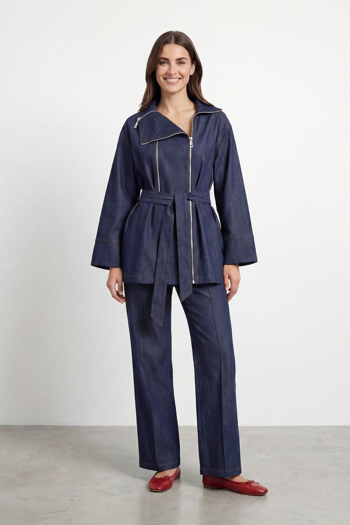 Kadın Dik Yaka Fermuarlı Kot Tunik Pantolon Takım – 32478TKS - NAVY