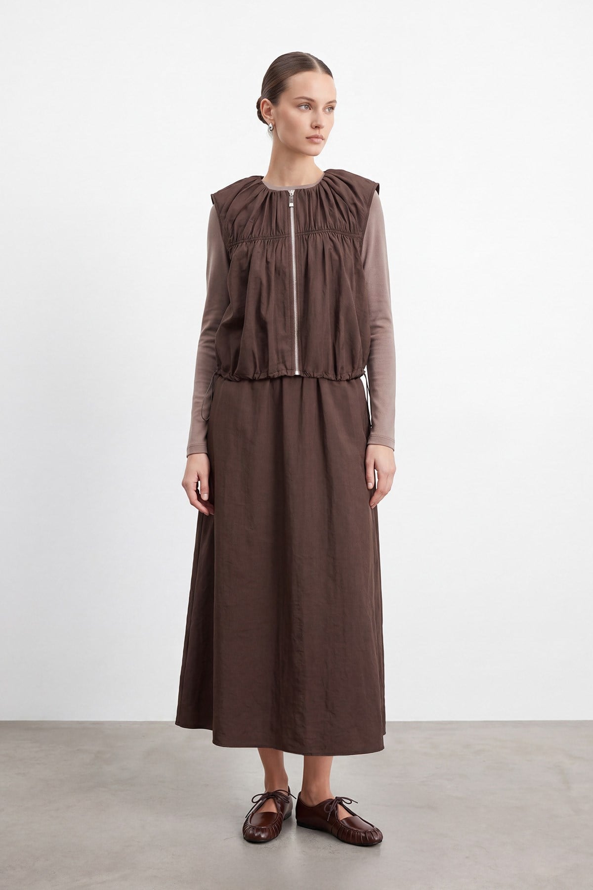 Kadın Fermuarlı Yelek Detaylı İkili Elbise  – 26S-32509TKS - BROWN