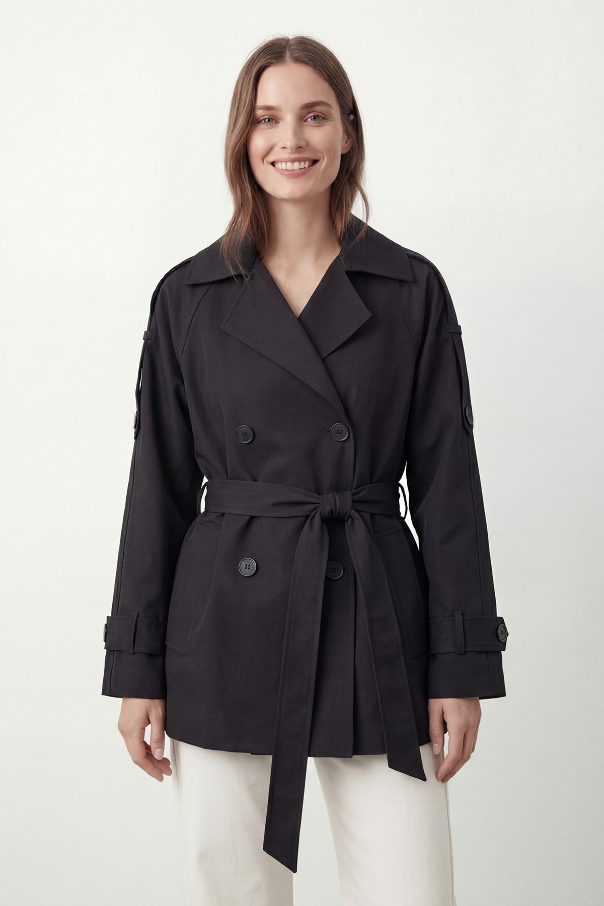 Kadın Kruvaze Yaka Kuşaklı Trençkot  – 32489CKT - BLACK