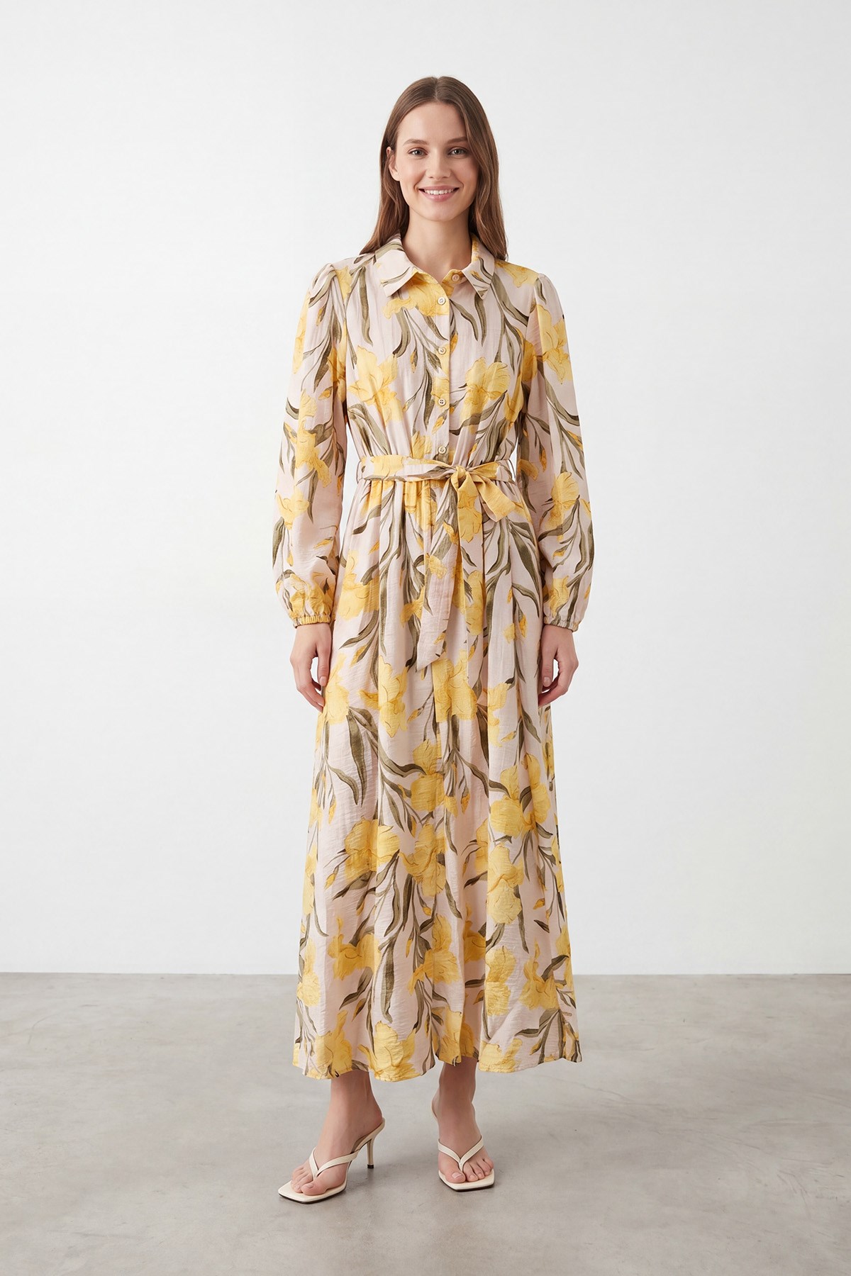 Kadın Floral Desenli Kuşaklı Uzun  Elbise - 32511ELB - BEIGE-YELLOW
