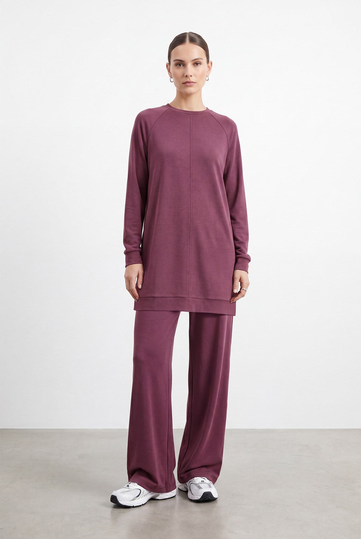 Kadın Bisiklet Yaka Rahat Kesim Tunik Pantolon Takım – 14426TKS - BURGUNDY