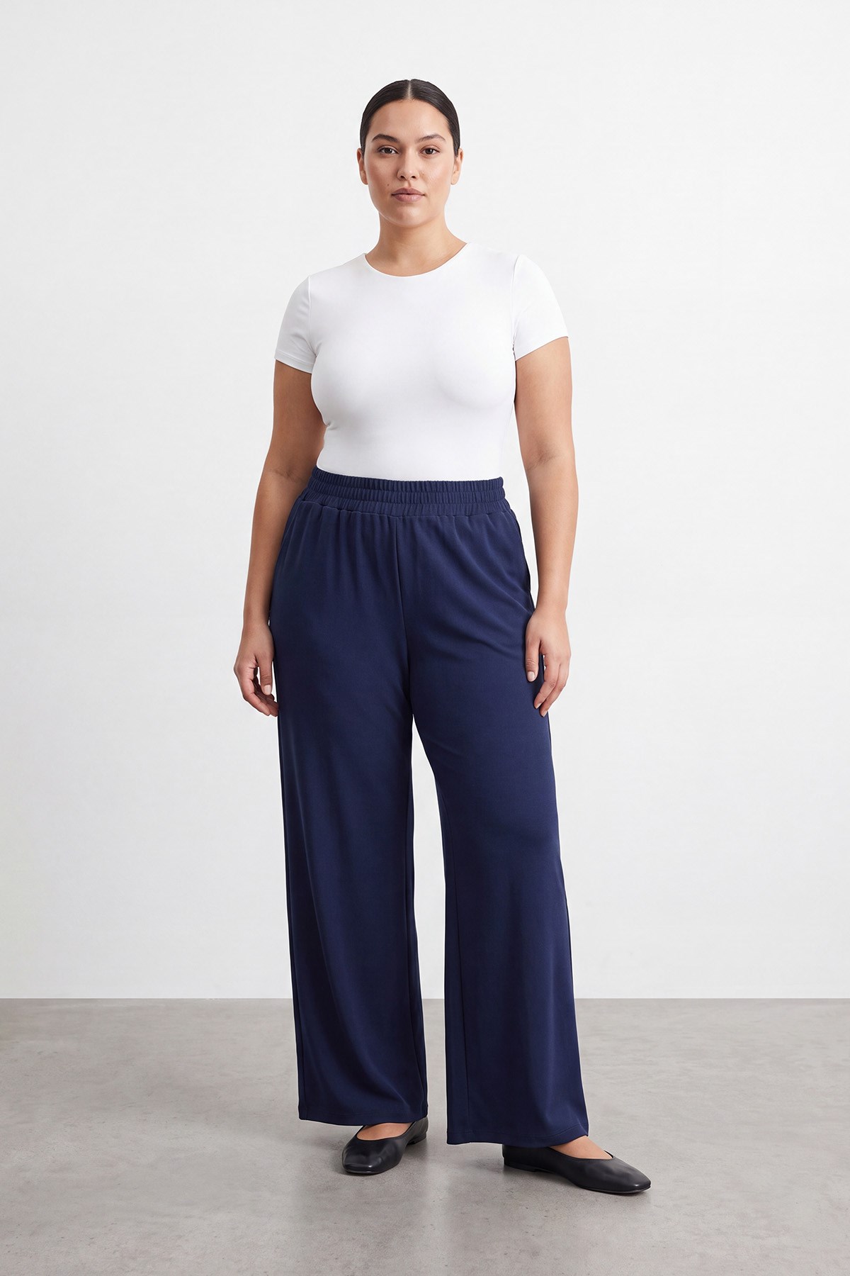 Büyük Beden Beli Lastikli Bol Paça Pantolon -19285PNT Lacivert Pantolon Puane Plus 