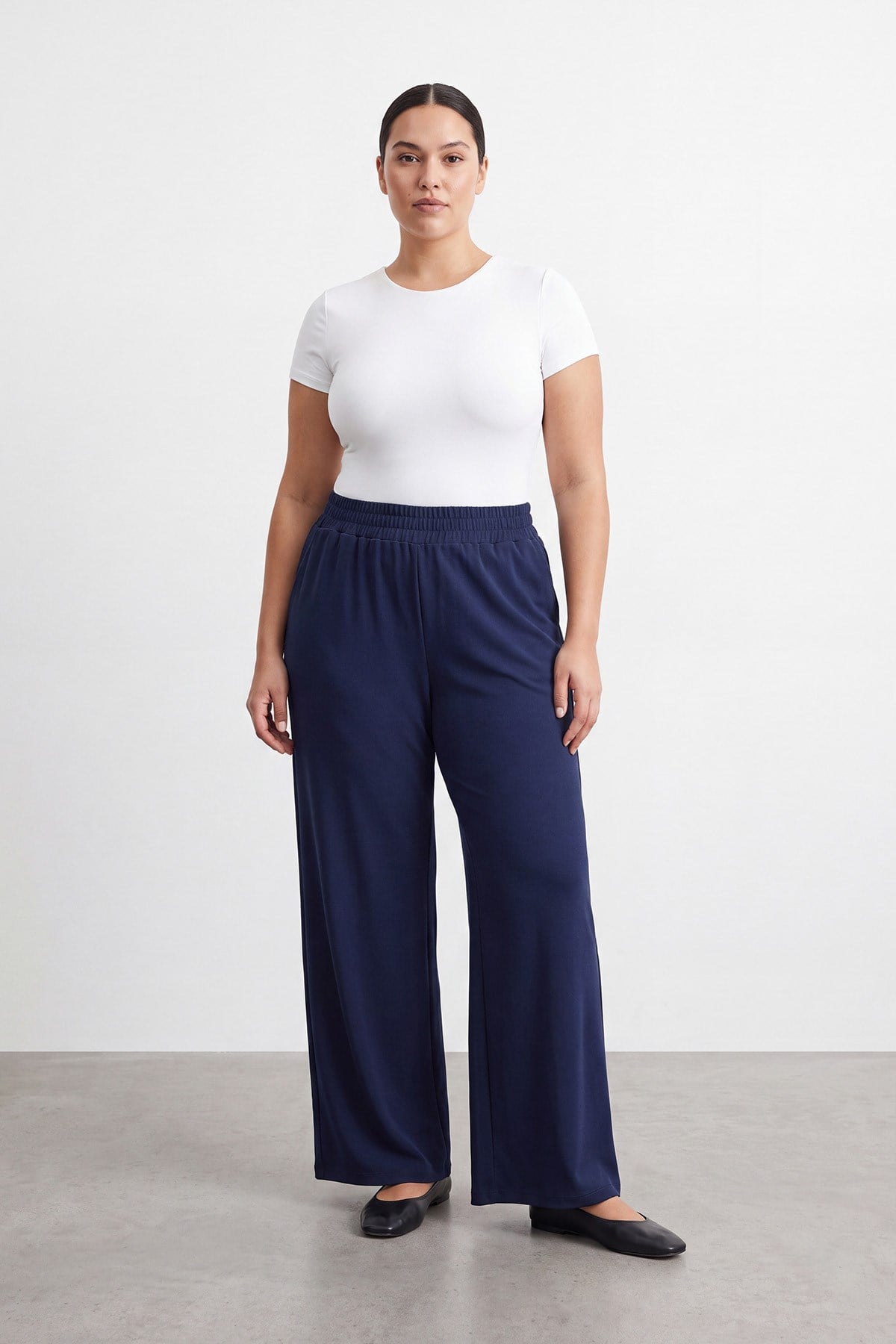 Büyük Beden Beli Lastikli Bol Paça Pantolon -19285PNT - Lacivert Pantolon PUANE PLUS 