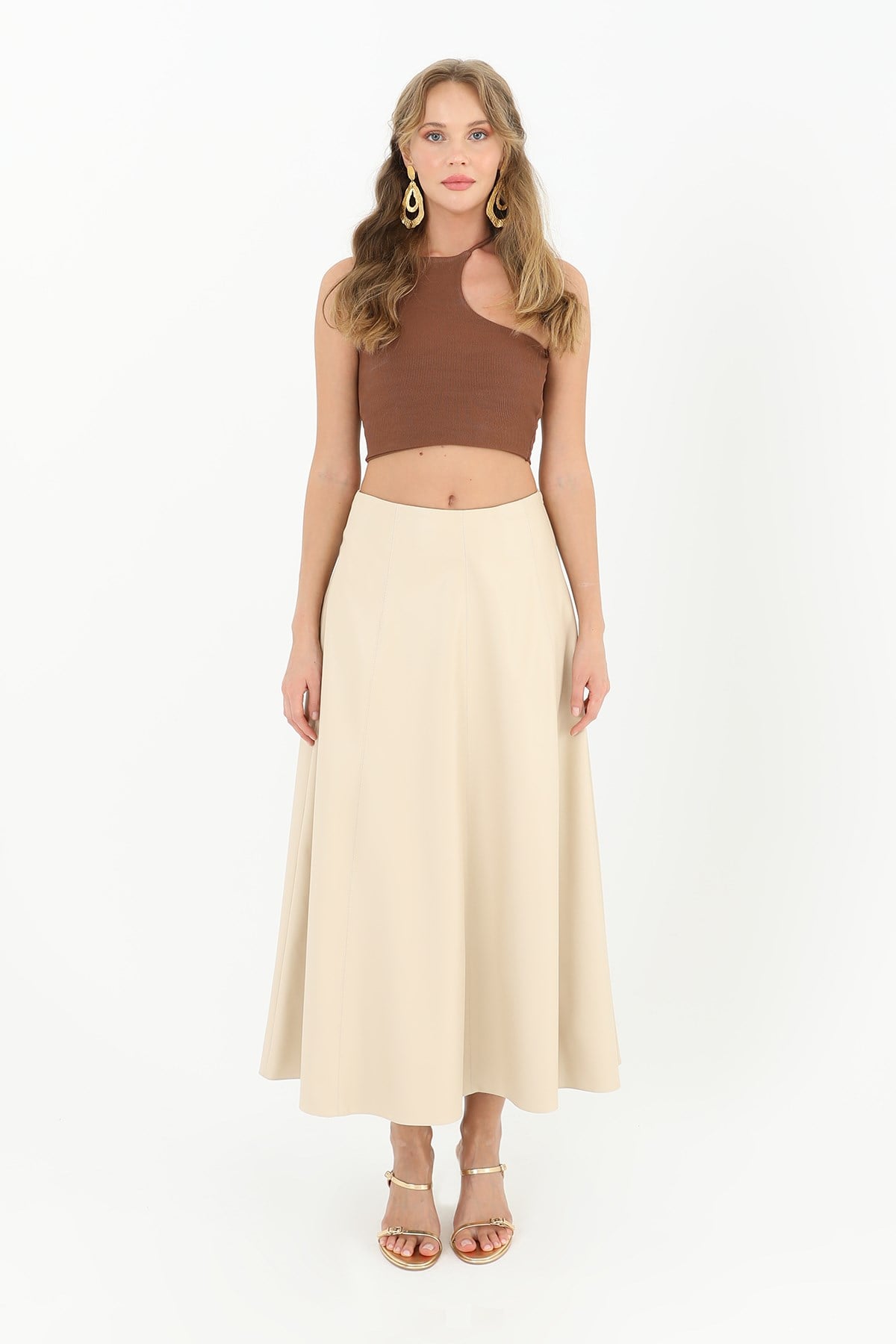 Kadın Parçalı Kloş Etek  - 18202ETK - BEIGE