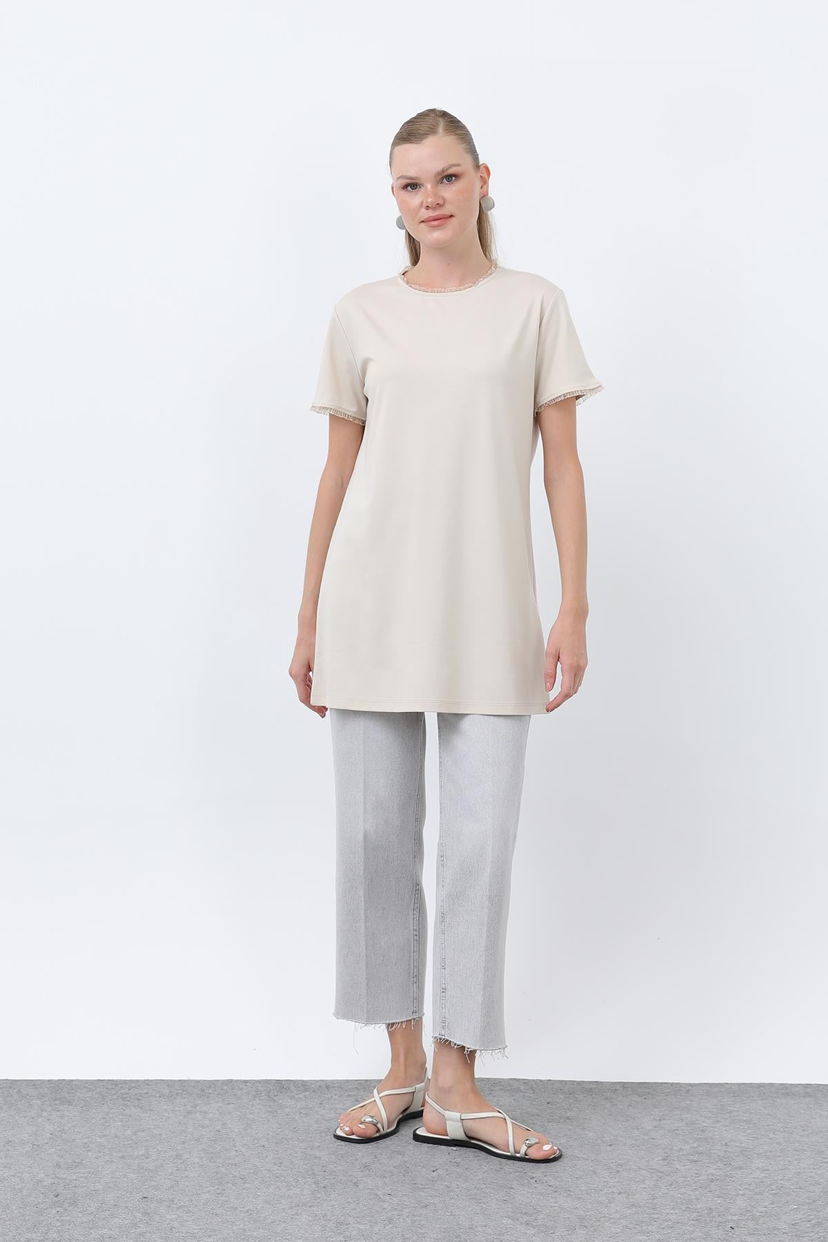 Kadın Minimalist Ribana Detaylı Basic T-Shirt-40013TSH - BEIGE
