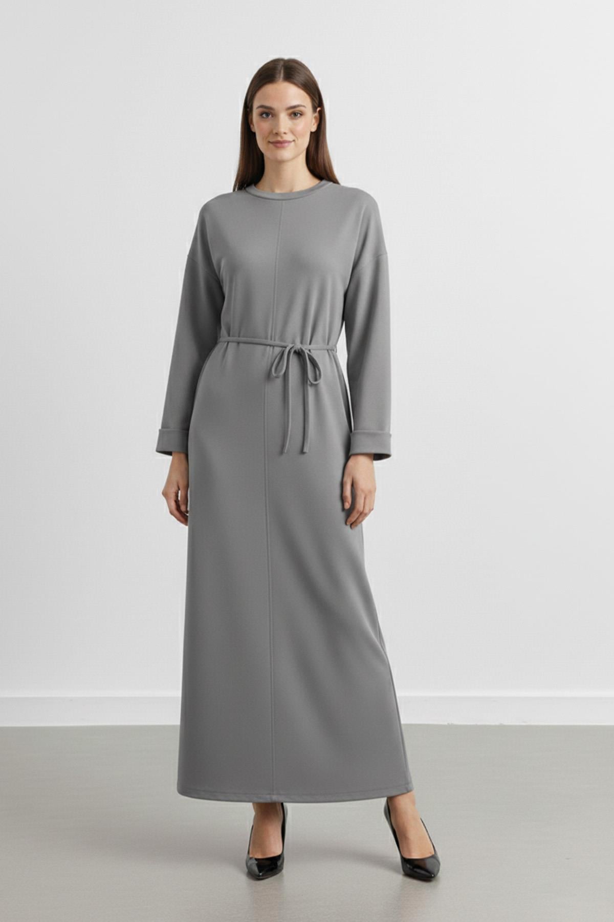 Kadın Basic Bel Detaylı Uzun Kollu Scuba  Elbise-12672ELB - ANTRACITE