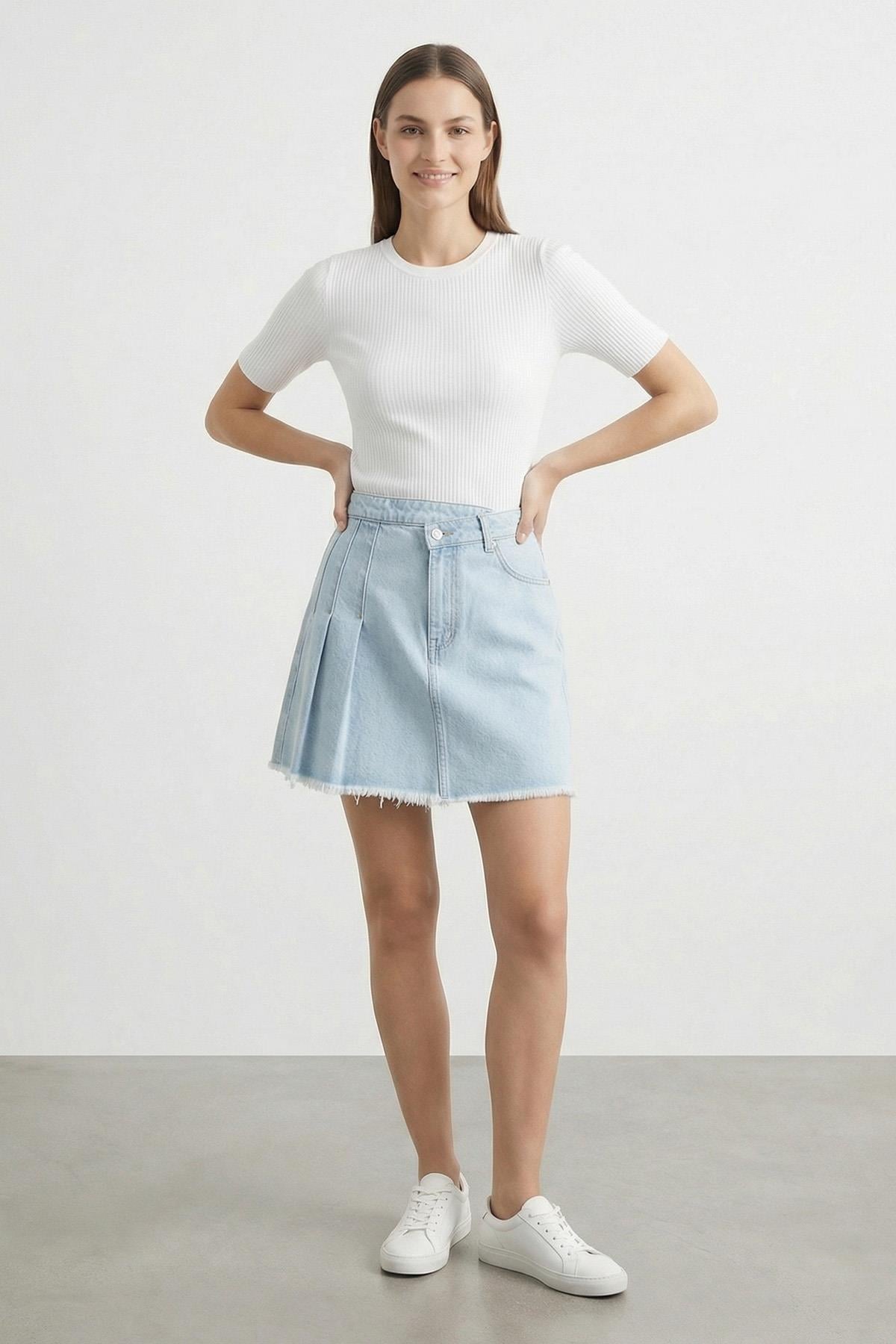 Kadın Yanı Pile Detaylı Kot Etek  - 31655ETK - LIGHT BLUE