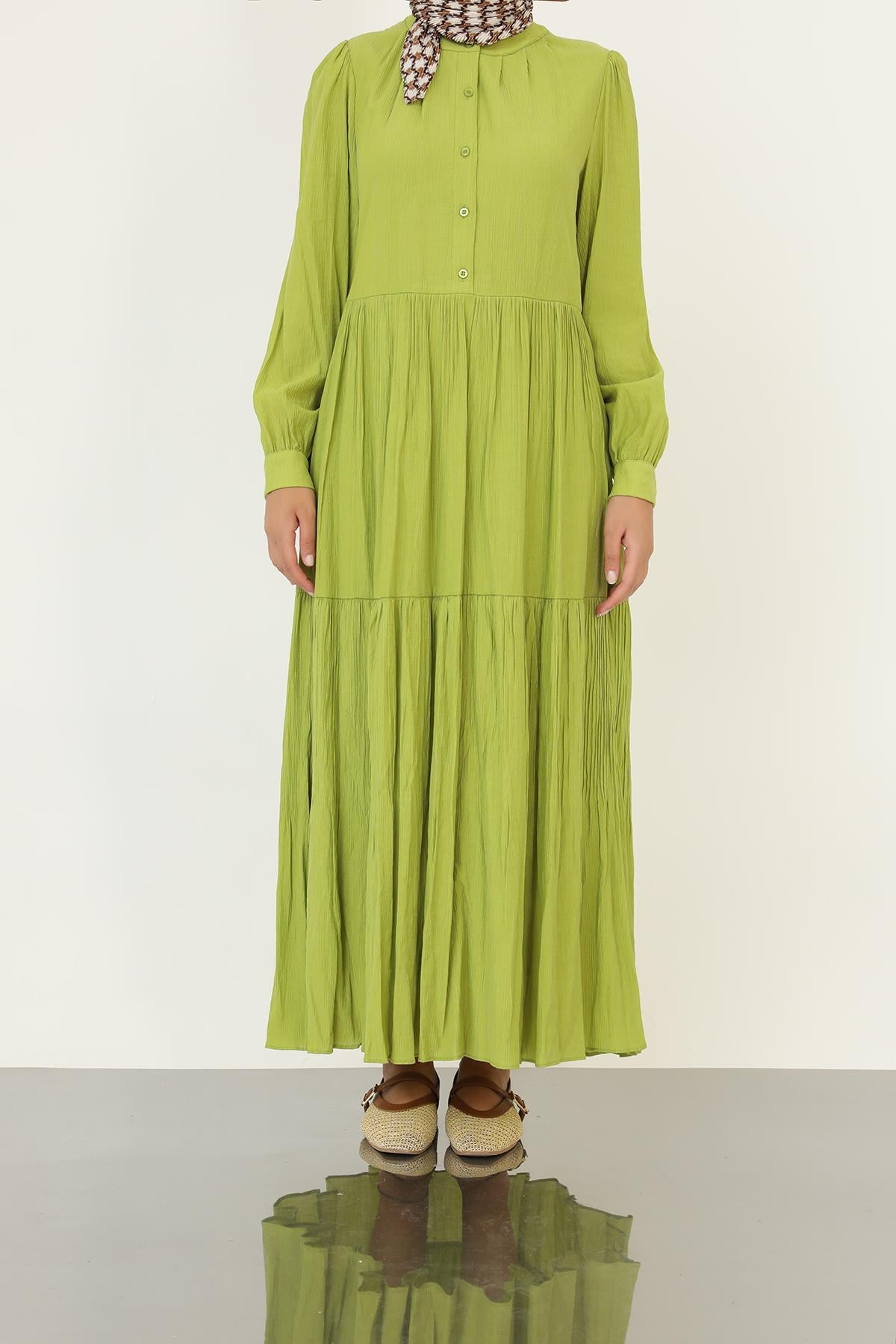 Kadın Düğmeli Dokulu Maxi Elbise -12625ELB - OLIVE