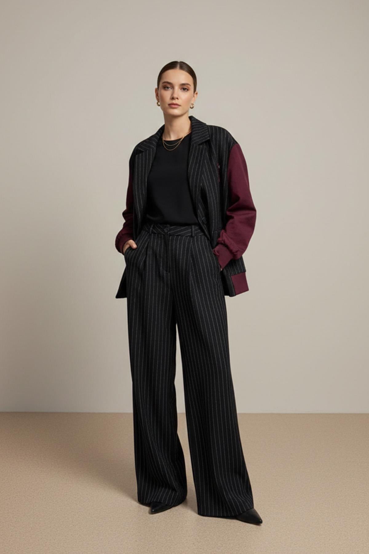 Kadın Çizgili Oversize Ceket  -  32401CKT - NAVY-BURGUNDY