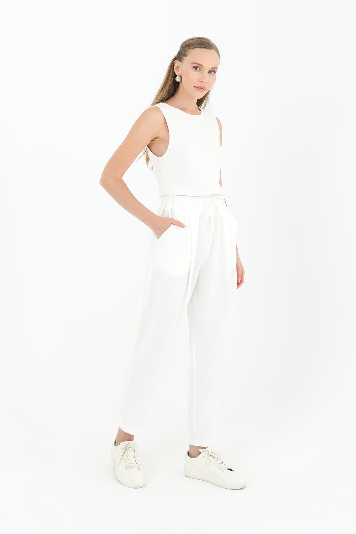 Kadın Beli Bağlamalı Havuç Form Pantolon - 18102PNT - ECRU