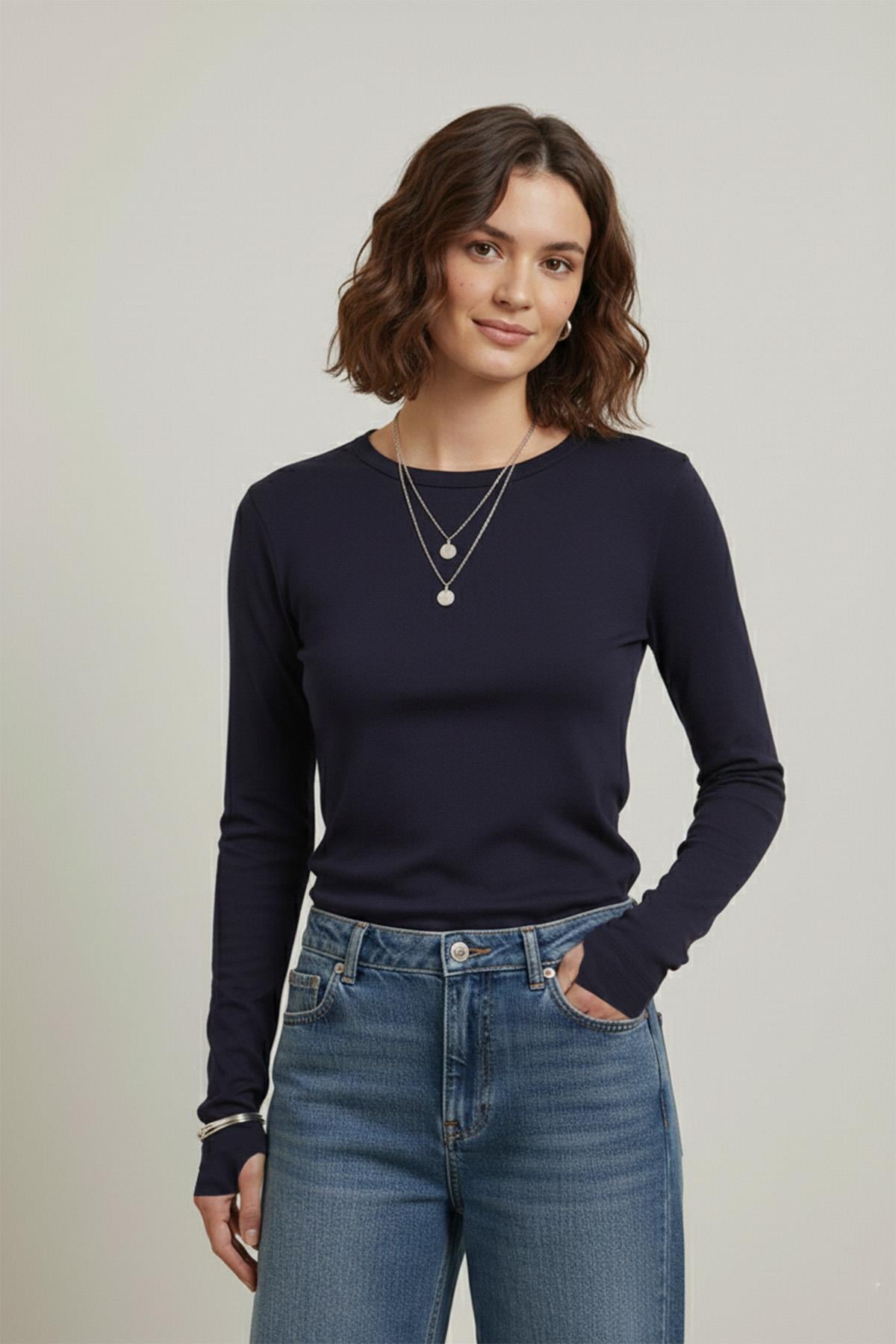 Kadın Parmak Geçirmeli Uzun Kollu Bluz - 40020BLZ - NAVY