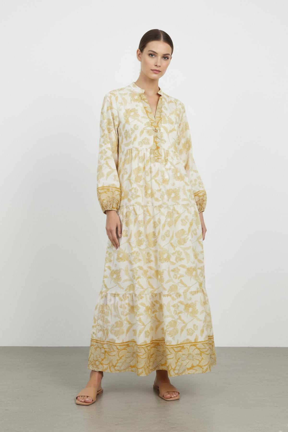 Kadın Bohem Desenli Kat Kat Yazlık Elbise -32361ELB - ECRU-YELLOW