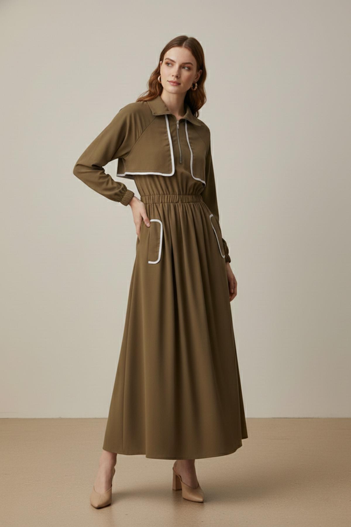 Kadın Biye Detaylı Bel Lastikli Elbise  -  32417ELB - CAMEL