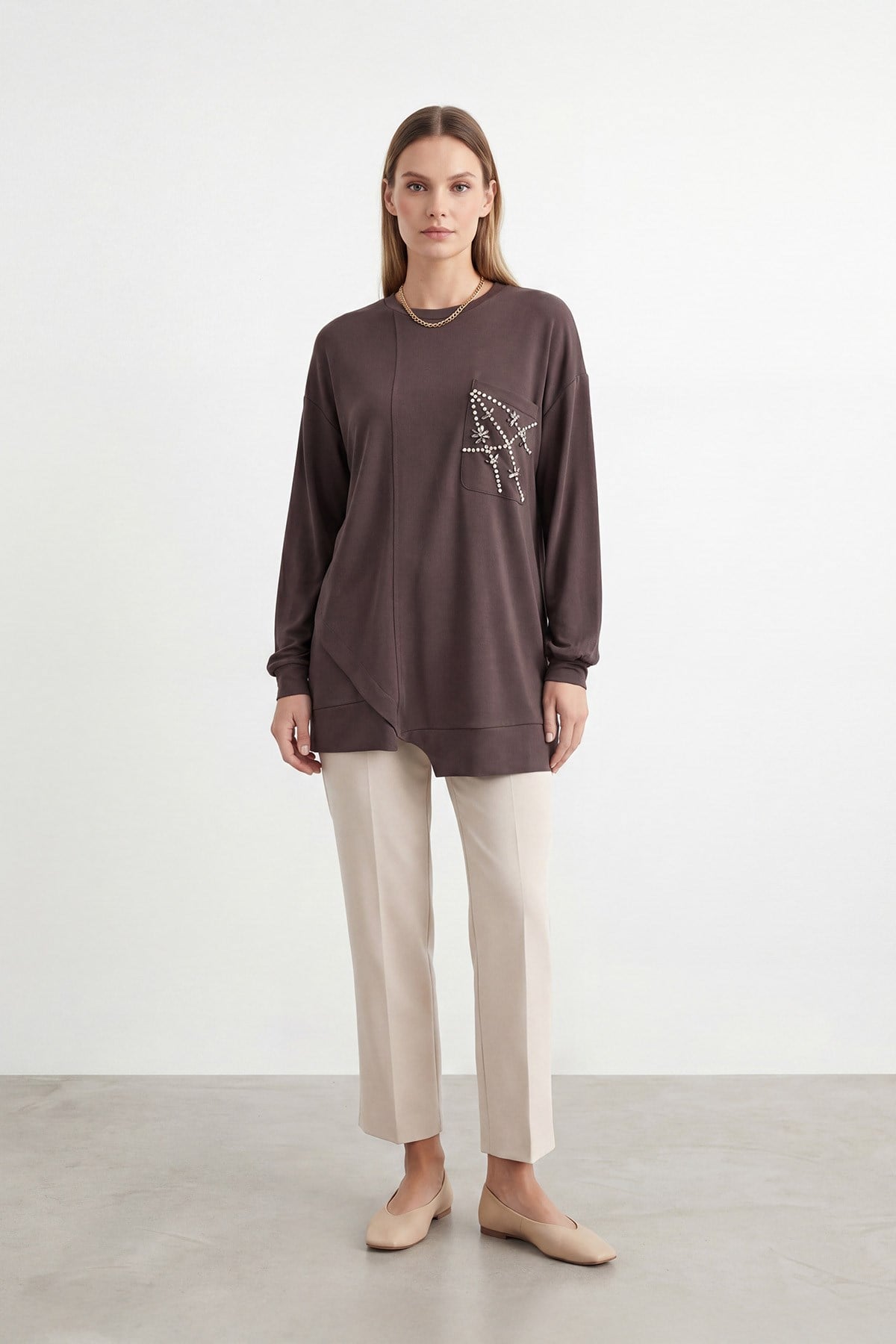 Kadın Taş İşlemeli Cep Detaylı Salaş Tunik – 10781TUN - BROWN
