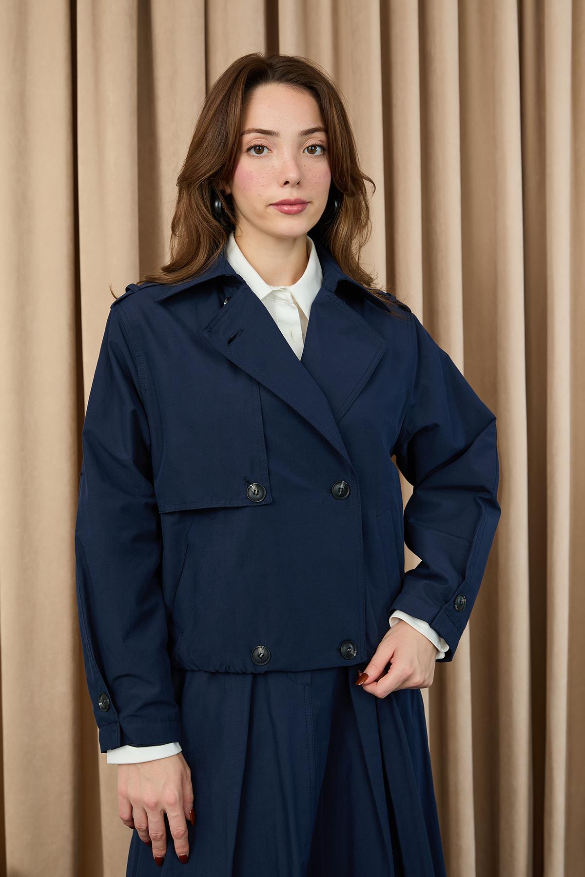 Kadın Apoletli Kısa Trençkot - 20701CKT - NAVY