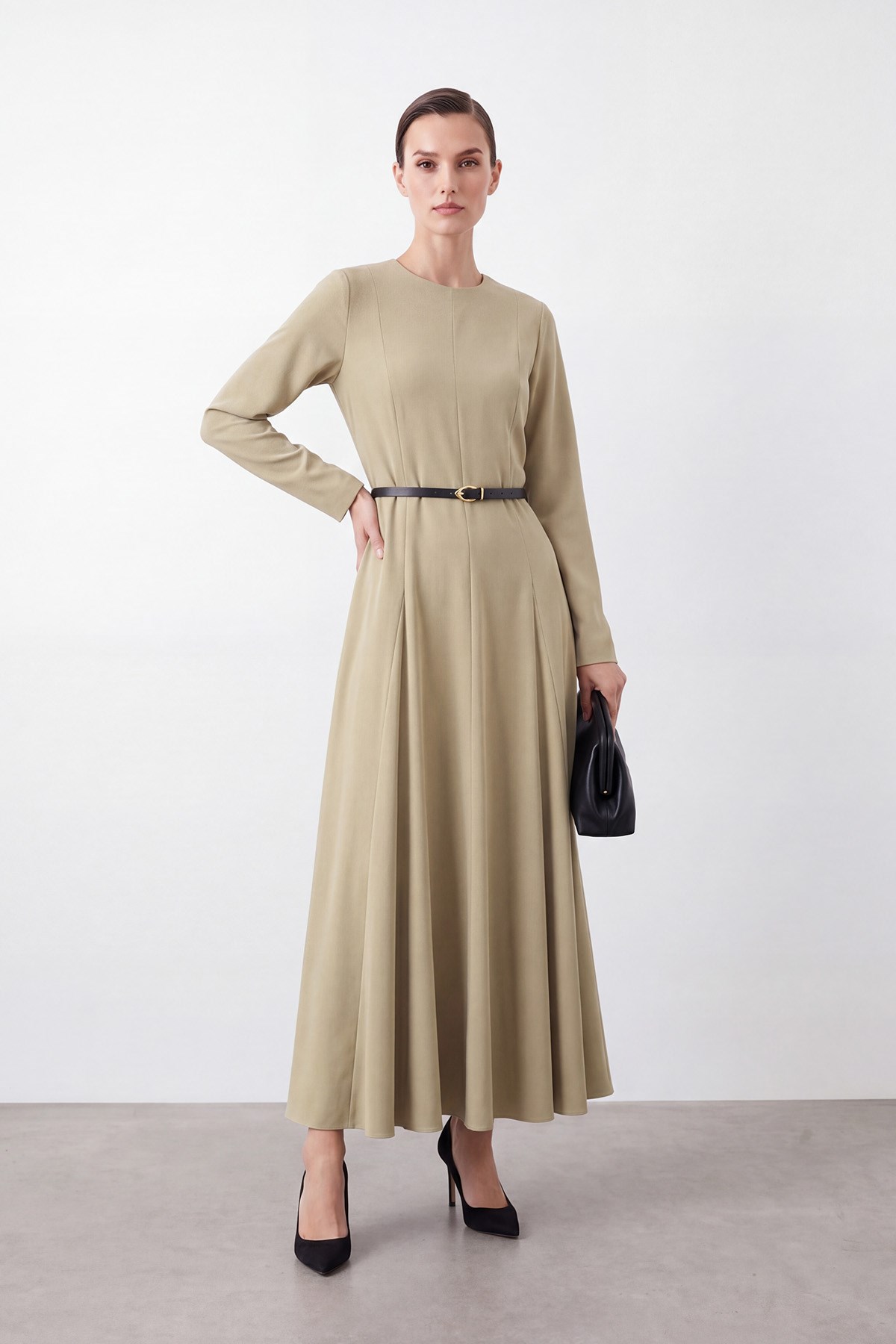 Kadın  Kemerli Maxi Elbise - 26S-12695ELB - OLIVE
