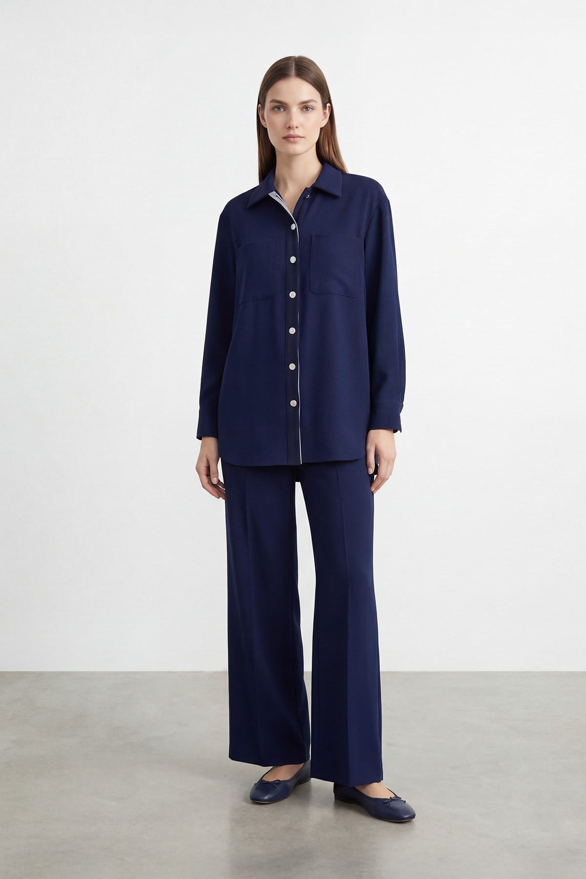 Kadın Gömlek Yaka Garni Detaylı Tunik Pantolon Takım – 14464TKS - NAVY