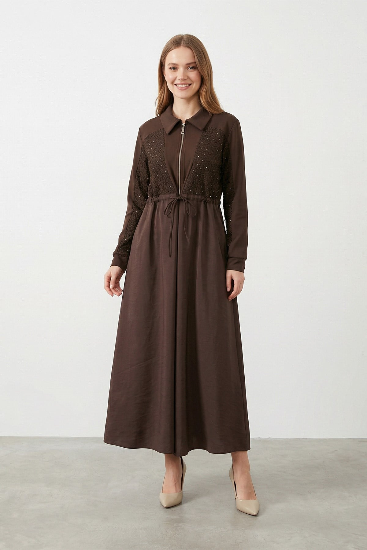 Kadın Fermuarlı ve Taş İşlemeli Uzun Elbise - 12674ELB - BROWN