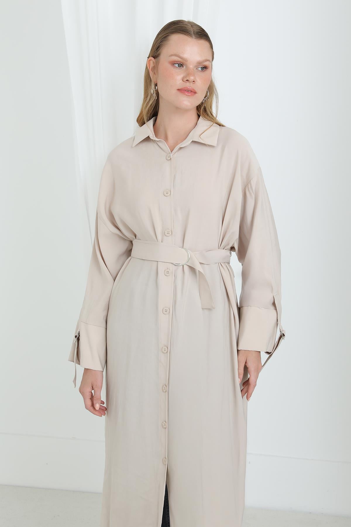 Kadın Kuşaklı Düğmeli Oversize Tunik -10700TUN - BEIGE