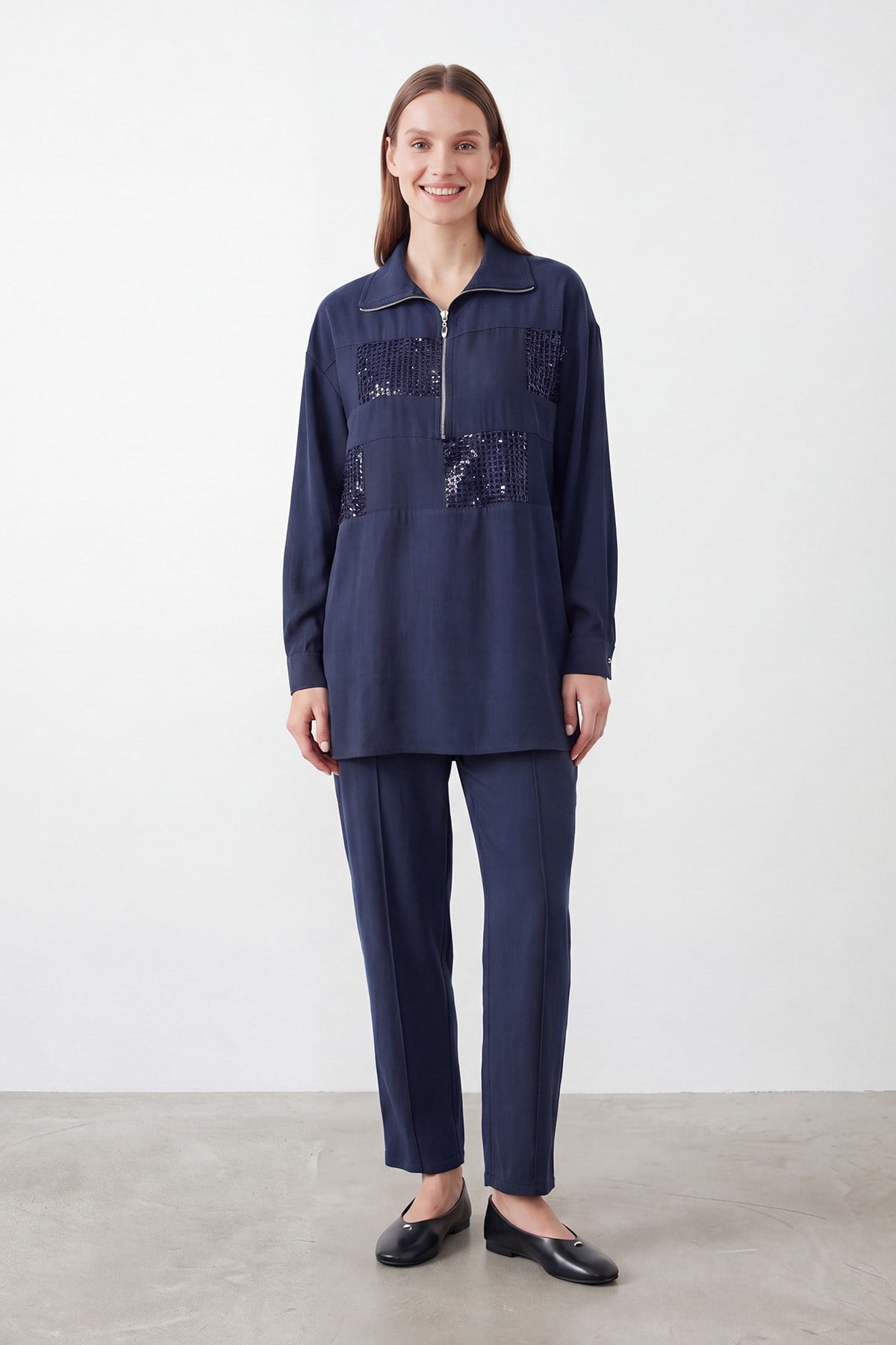 Kadın Pul Payet Detaylı Yarım Fermuarlı Tunik Pantolon Takım – 14461TKS - NAVY