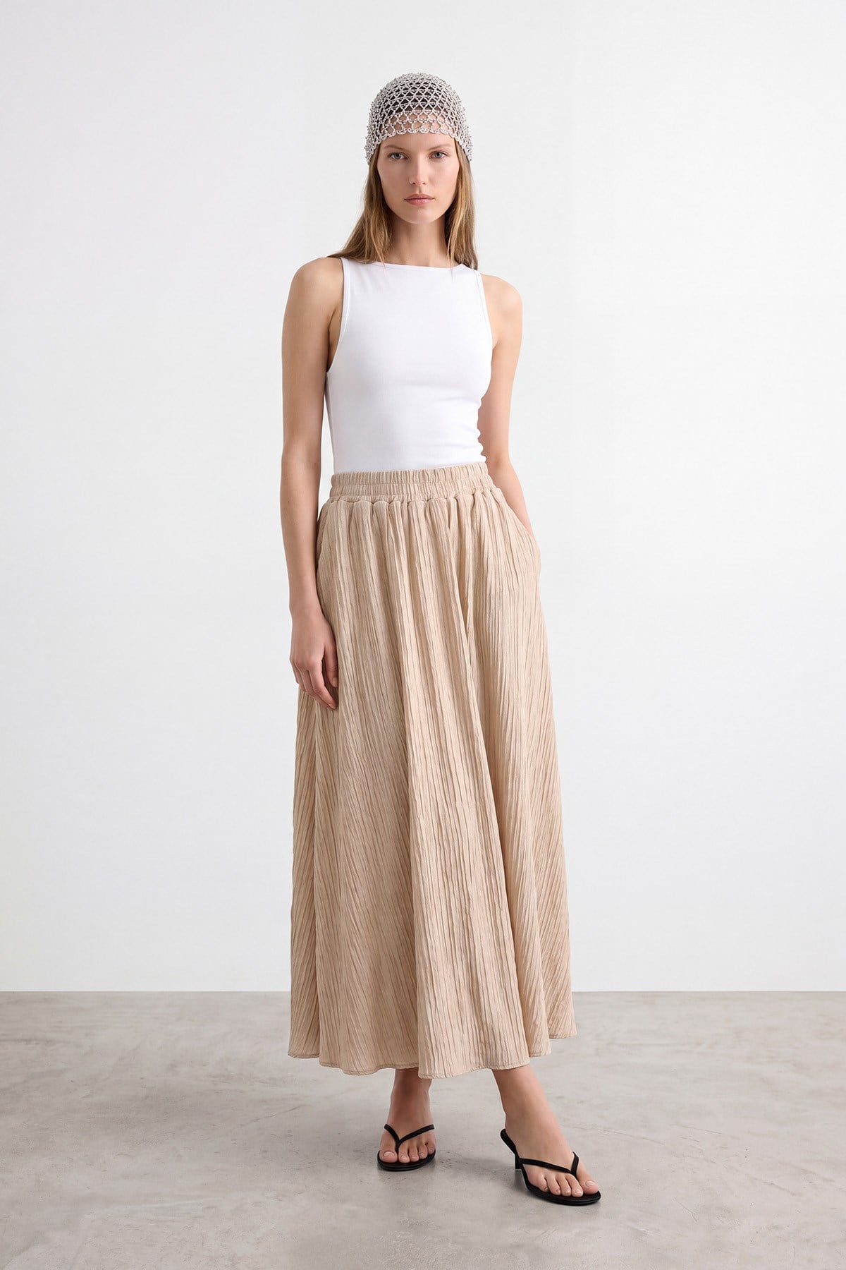 Kadın Cep Detaylı Piliseli  Uzun Etek - 18308ETK - BEIGE