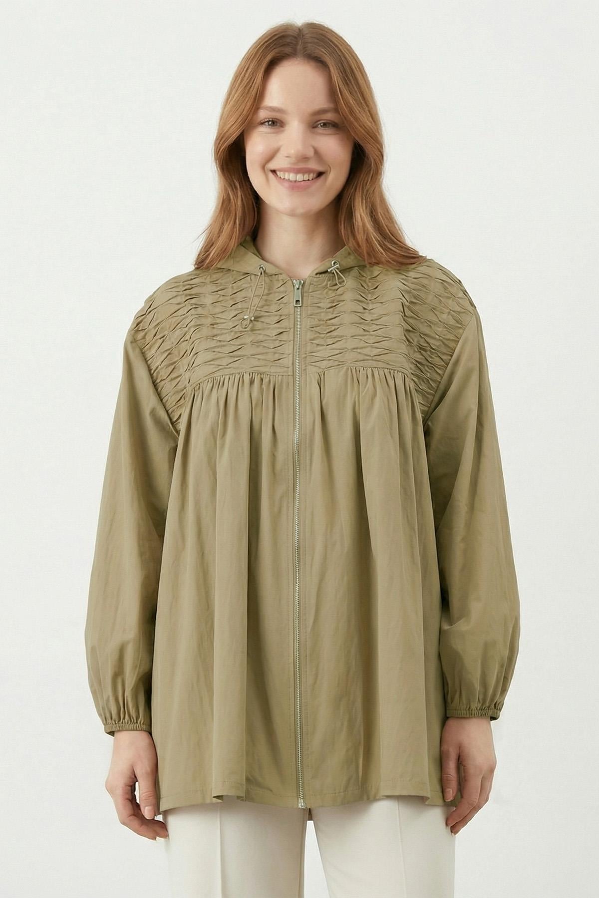 Kadın Kapüşonlu Ön Fermuarlı Mevsimlik Ceket – 32458CKT - KHAKI