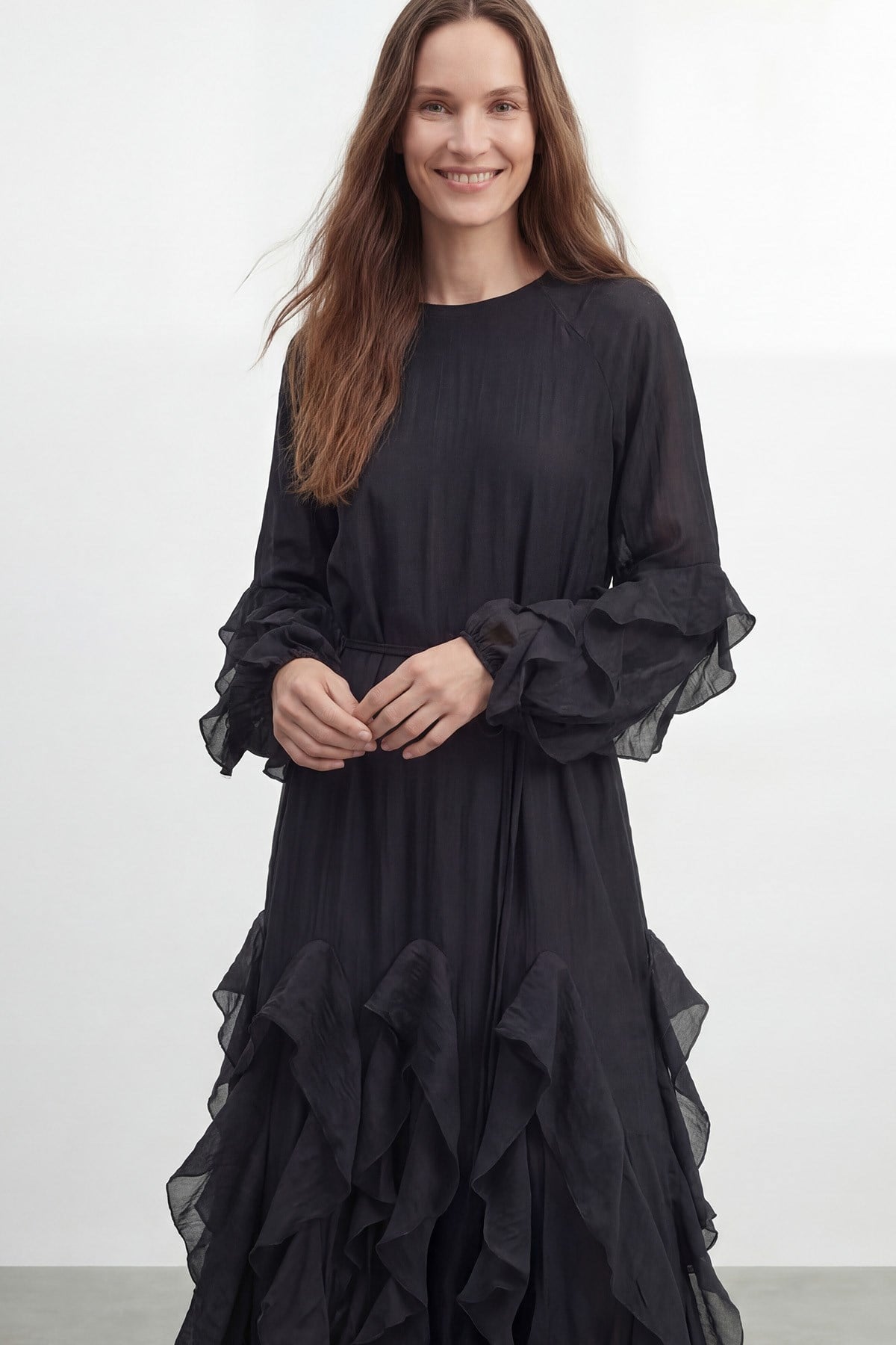 Kadın Volan Detaylı Kuşaklı Uzun Elbise-12693Elb - BLACK