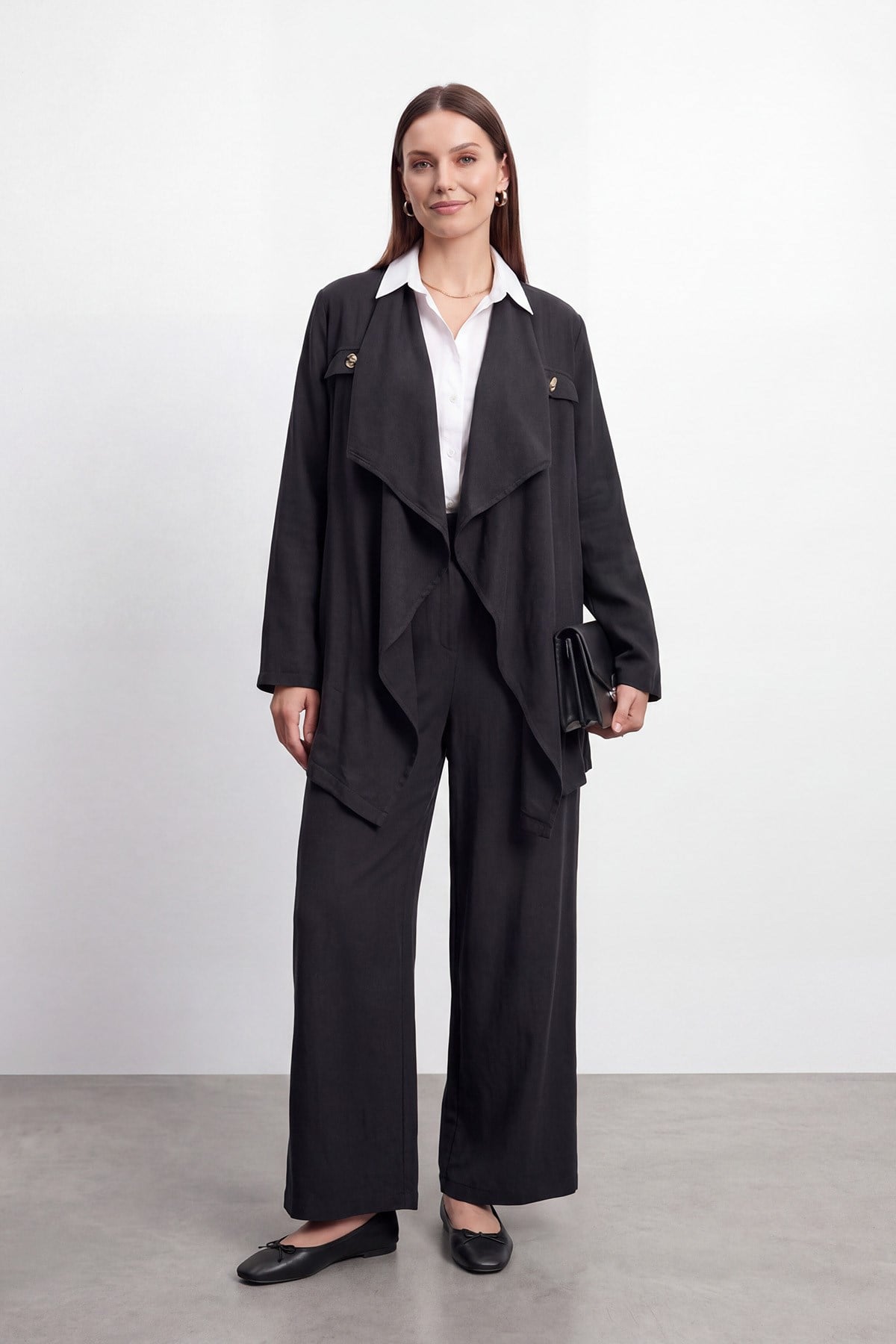 Kadın Şal Yaka Dökümlü  Büyük Beden Takım – 19267TKS - BLACK