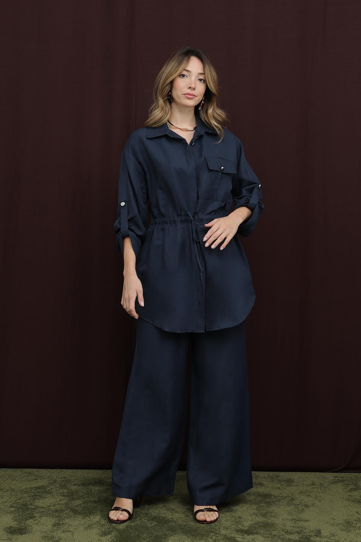 Kadın Cep Detaylı Belden Tünelli Takım - 14378TKS - NAVY