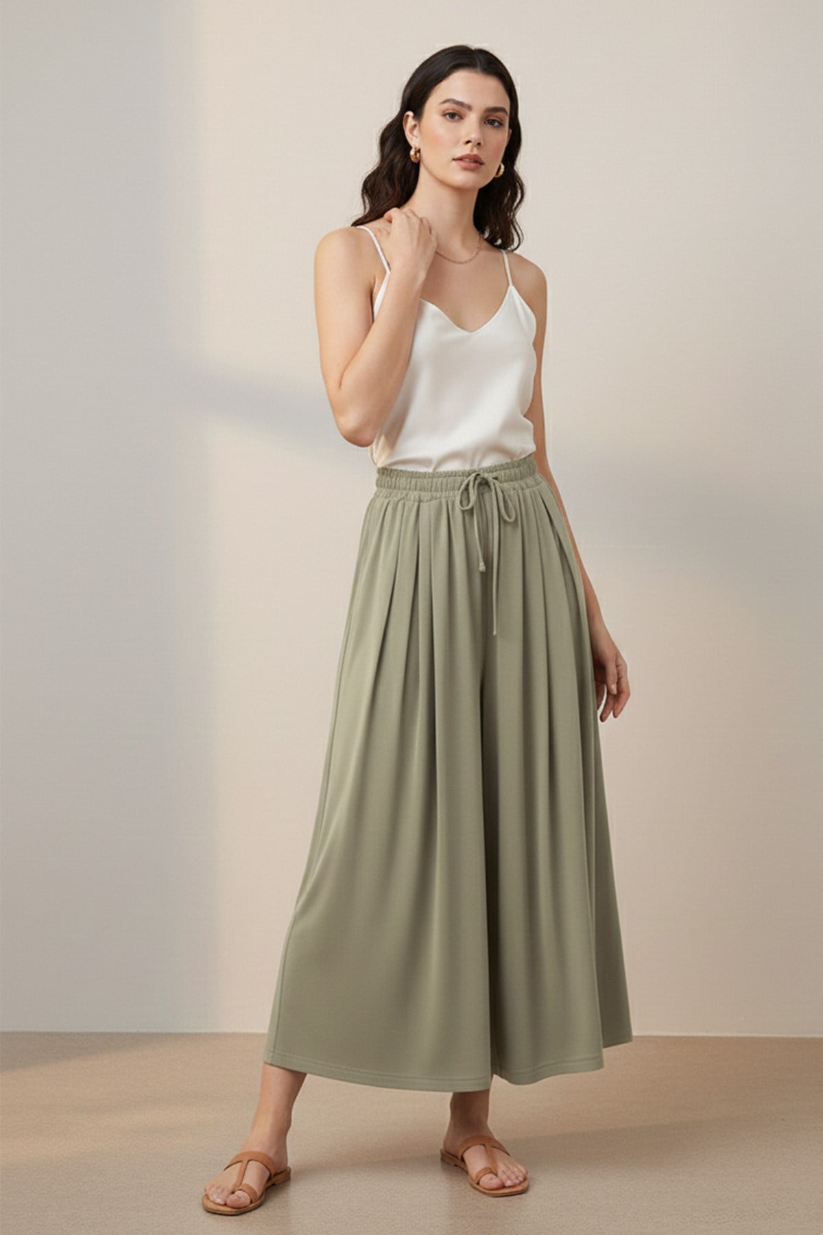 Kadın Beli Kuşaklı Etek Görünümlü Pantolon - 20664PNT - ALMOND GREEN