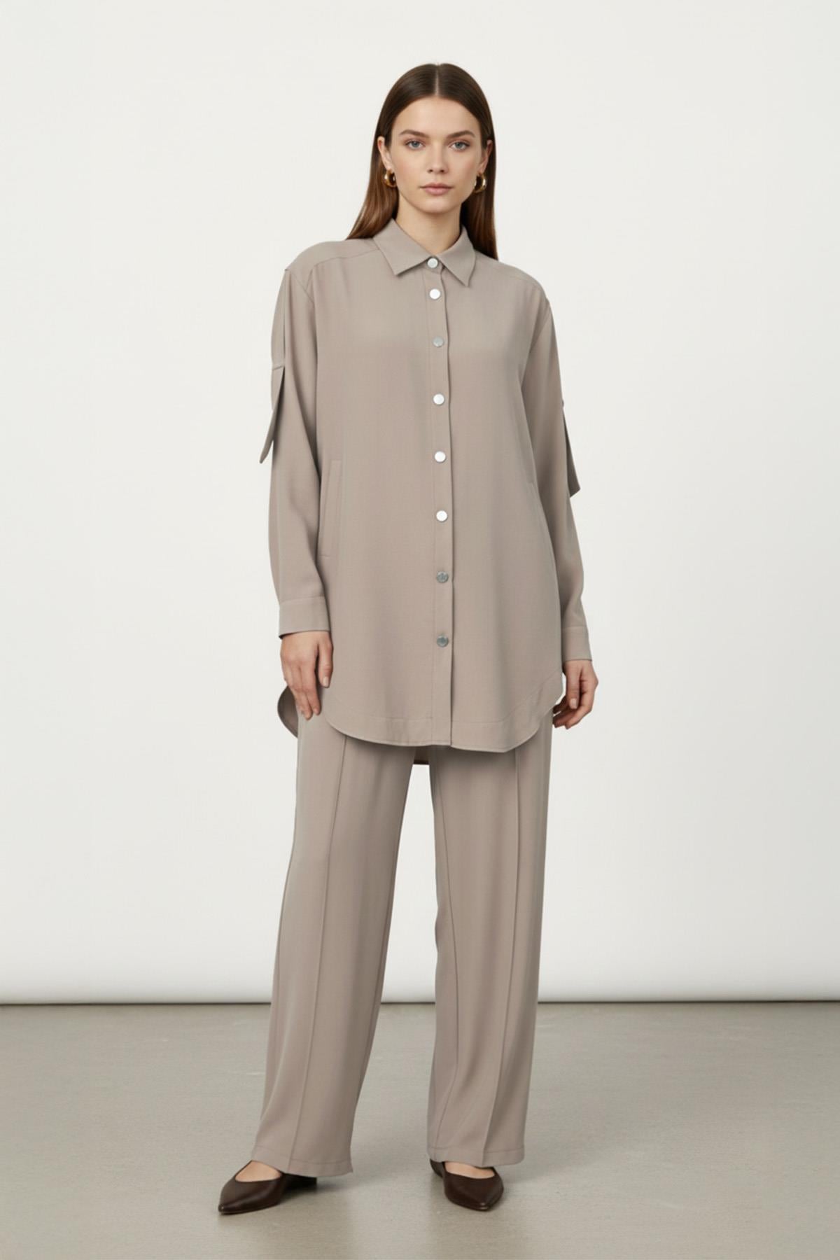Kadın Düşük Omuz Gömlekli Takım-14413TKS - MINK