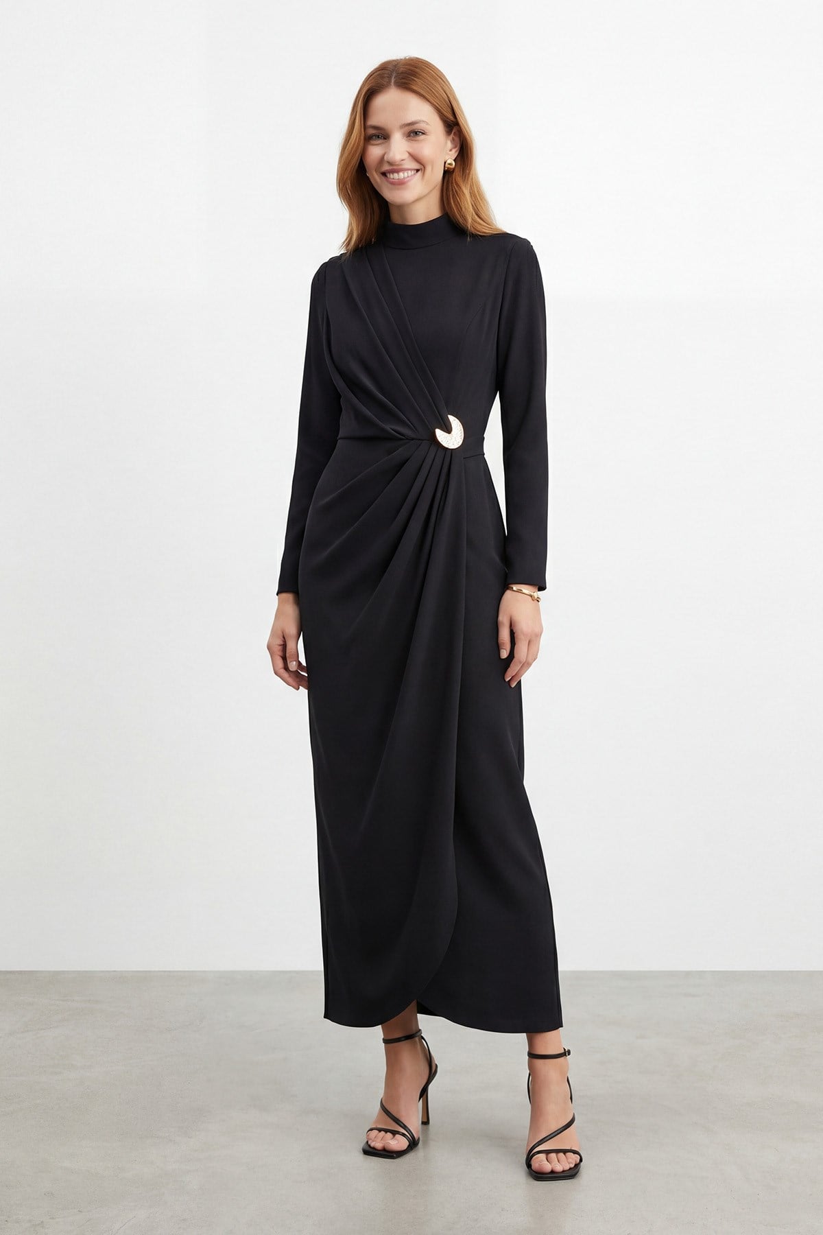 Kadın Kruvaze Görünümlü Toka Detaylı Uzun Elbise -12678ELB - BLACK