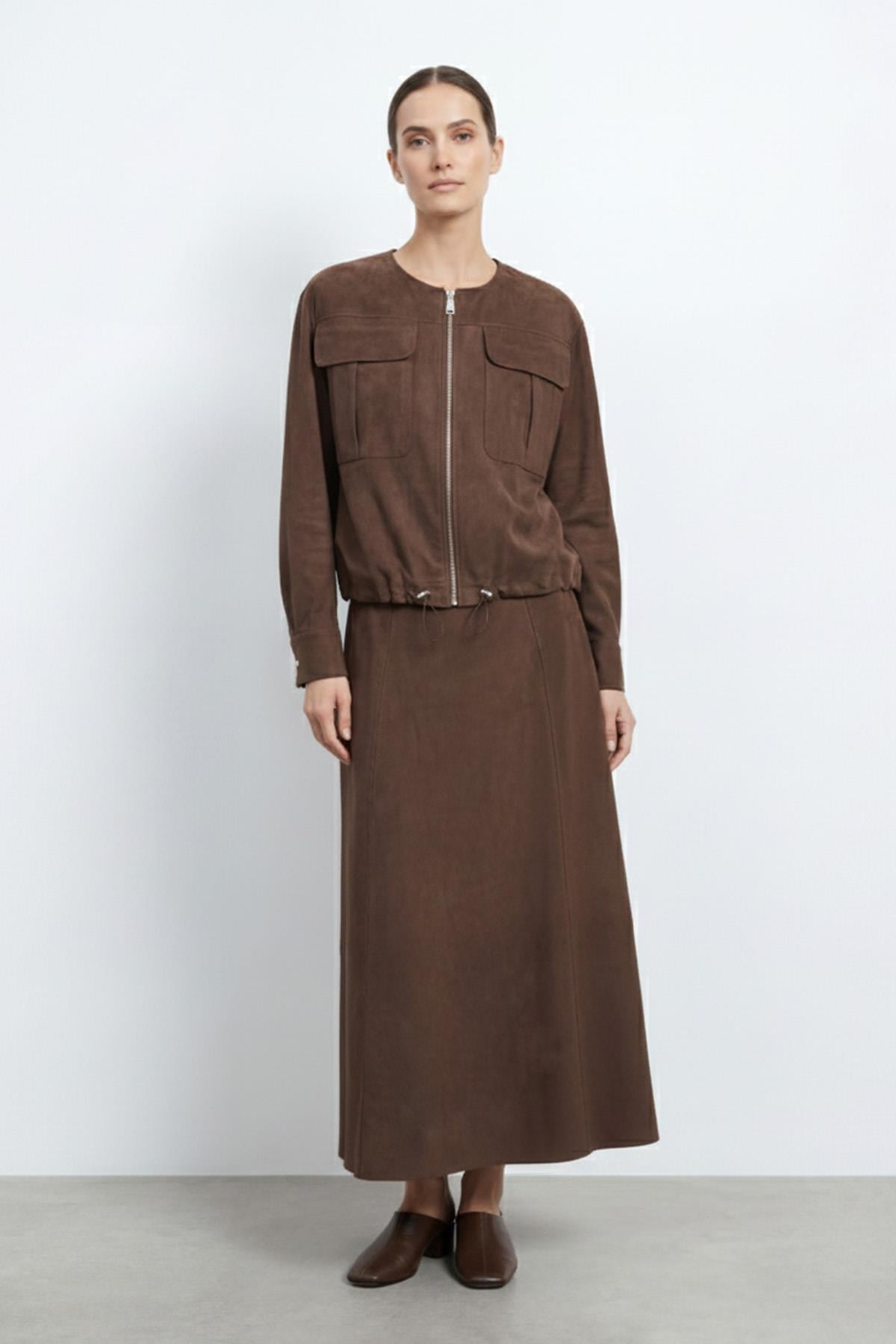 Fermuarlı Cep Detaylı Ceket ve Uzun Etek Kadın Takım-14430 - BROWN