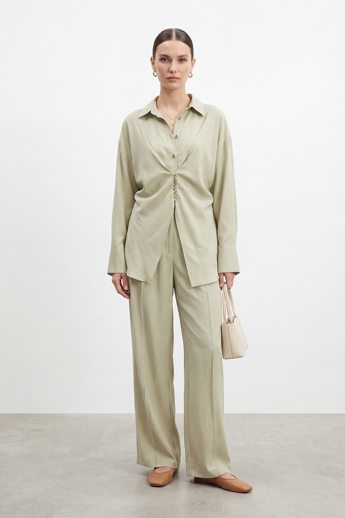 Kadın Gömlek Yaka Rahat Kesim Tunik Pantolon Takım – 32493TKS - ALMOND GREEN